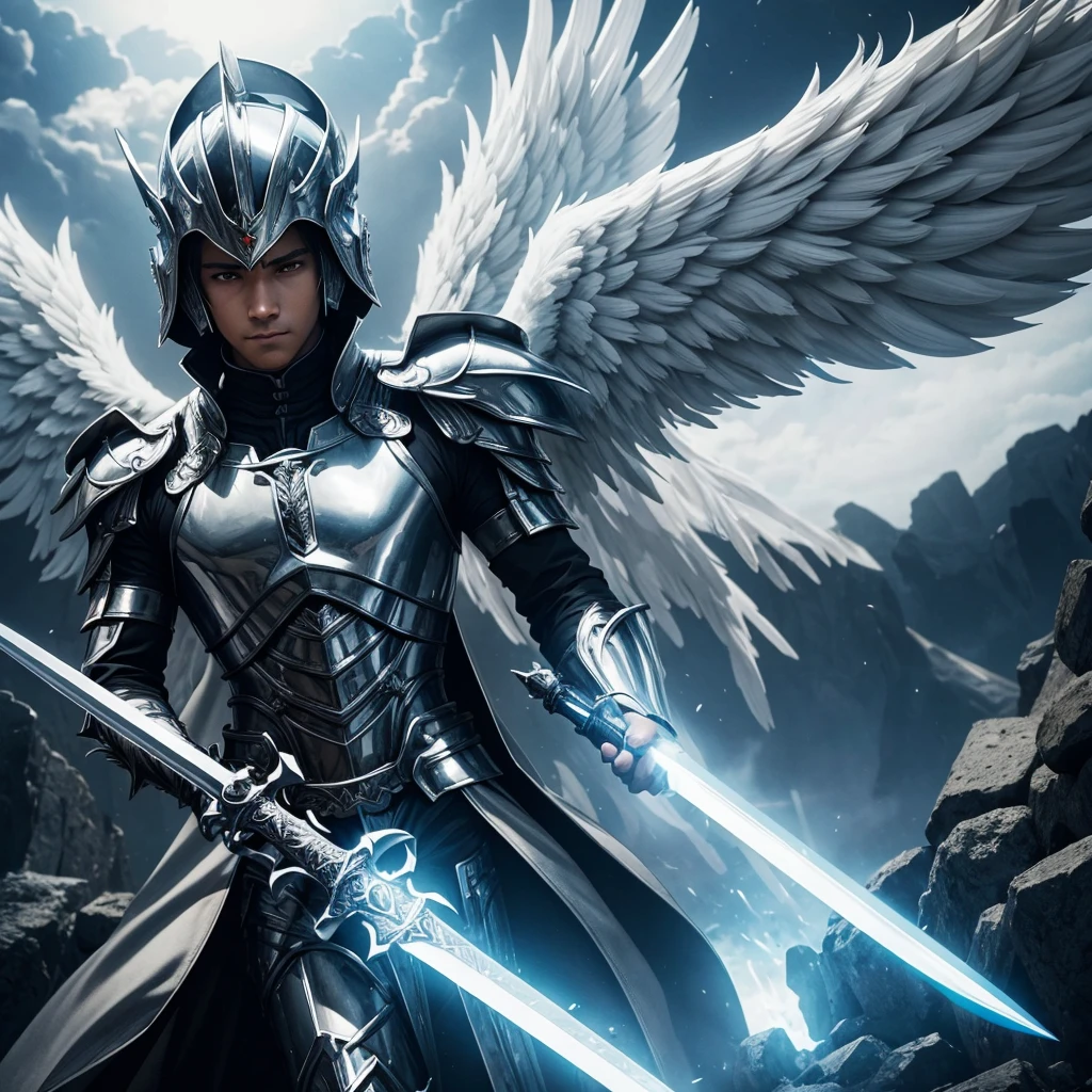 An angel with huge wings in the background, in the foreground a shining sword brimming with power, his power has awakened, angel with epic armor, striking eyes, angel with helmet shadow on face