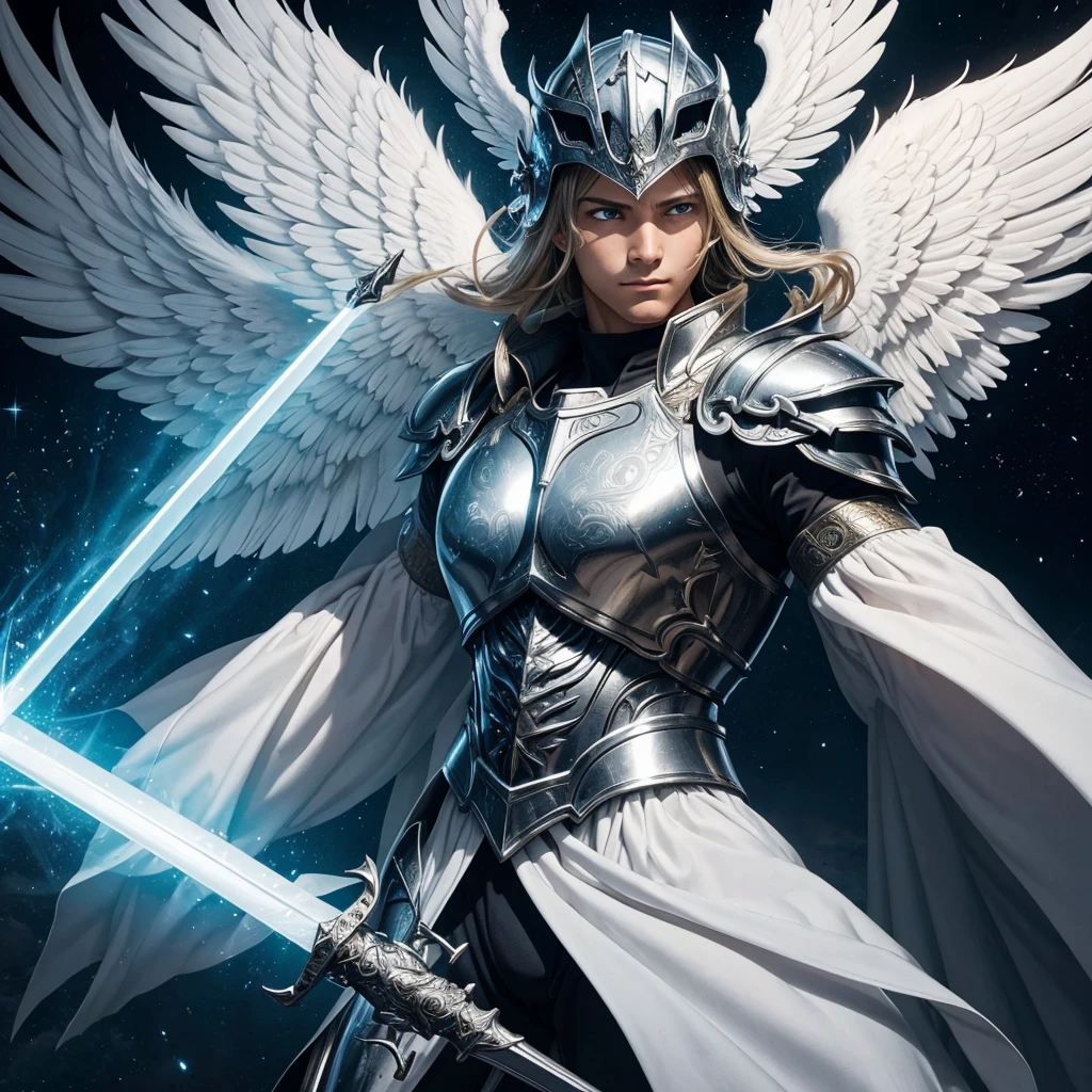 An angel with huge wings in the background, in the foreground a shining sword brimming with power, his power has awakened, angel with epic armor, striking eyes, angel with helmet shadow on face