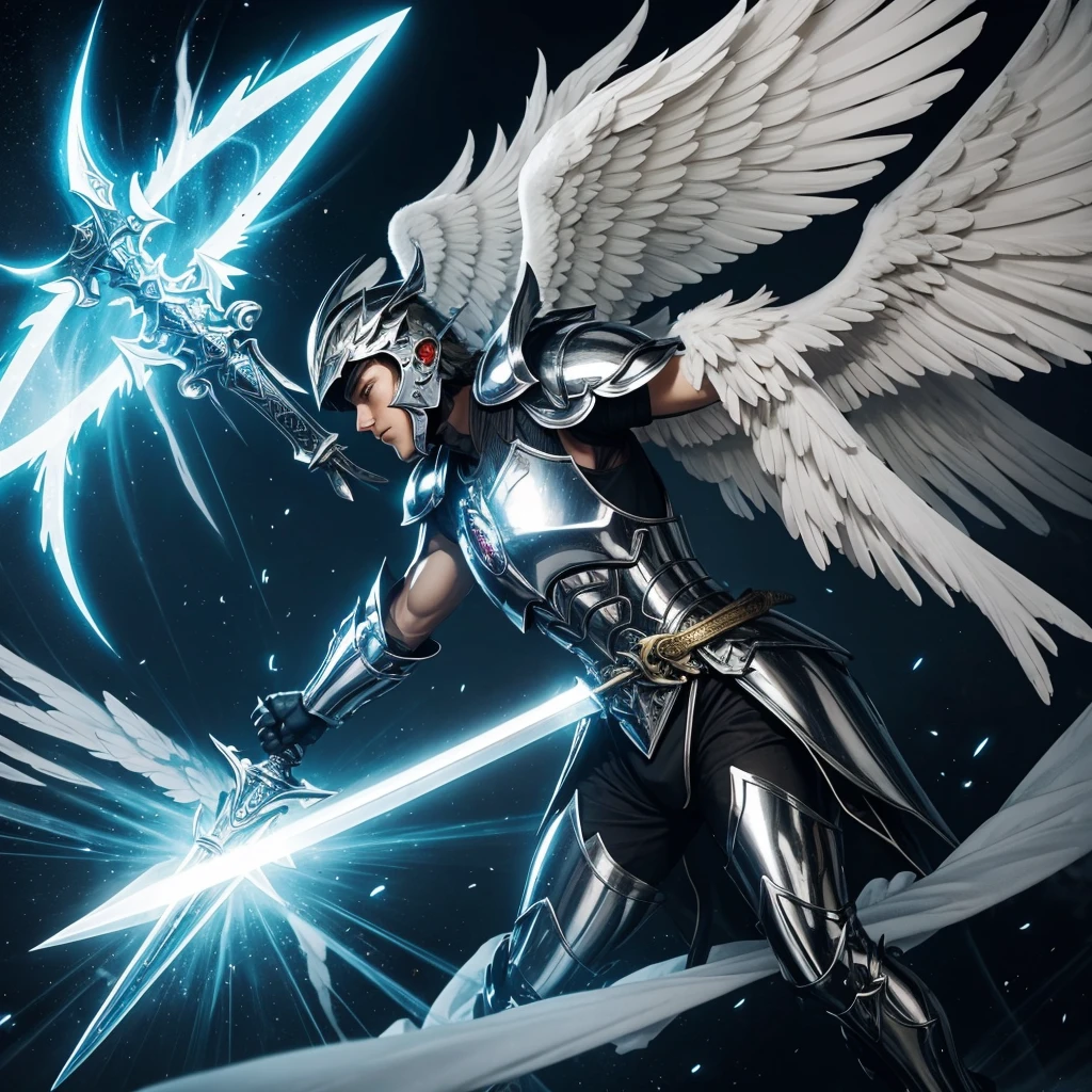 An angel with huge wings in the background, in the foreground a shining sword brimming with power, his power has awakened, angel with epic armor, striking eyes, angel with helmet shadow on face