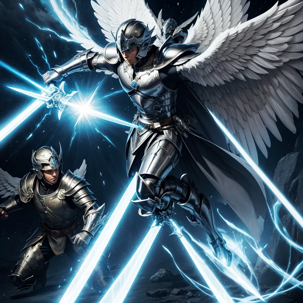 An angel with huge wings in the background, in the foreground a shining sword brimming with power, his power has awakened, angel with epic armor, striking eyes, angel with helmet shadow on face