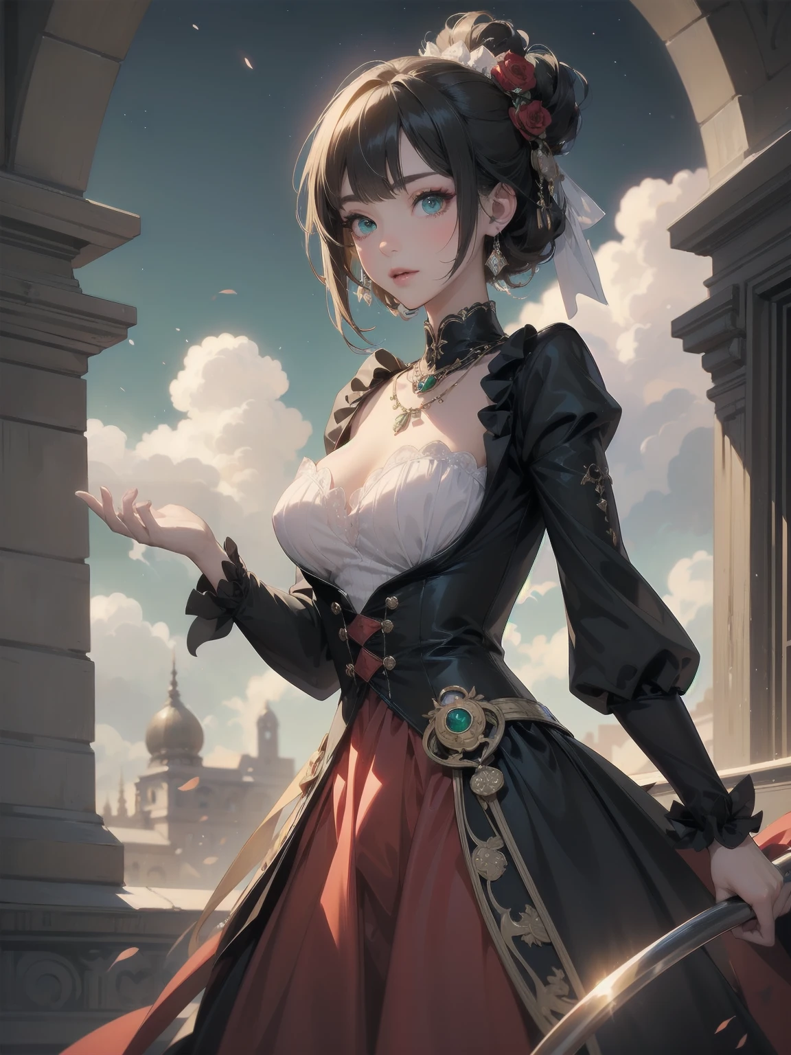 (Masterpiece:1.2), (Top quality: 1.2), Super high resolution, Very detailed,.
BREAK.
, ((Anime girl standing with happiness in her hands)), Crazy girl, (1,ta,Boyish, , 12 y3), Light smile, , Girl looking like a boy, Bob-cut hair, Shaggy hair, Very large breasts, nubile, slender body, overflowing with soft fat mass. Small hips, Vertically large eyes, Fine and beautiful eyes, Well-proportioned irises and pupils, Expressive eyes, Beautifully detailed lips, High resolution detailed hair, Perfect eyes, Perfect face, Super dense skin, Full fingers, Perfect lighting,.
BREAK,.
((light green necklace)), ((black and red fine dress: 1.3)), light green tie, shining sapphire, lady, wearing white gloves,.
BREAK.
, (Steampunk), Castle balcony, Skyscraper, Night view, Equipment, Ancient ruins, Tradition, Overwhelming, Magnificent, Steam, Pipes, (Steam spewing out from pipes:1.2), Fantasy, Victorian other world, Early 19th century, Road, trees, clouds, night sky, shading, effects, detail. Masterpiece background,
BREAK.
((Positive: 1.3)),.
BREAK.
, digital animated art, cartoon-style illustrations, cartoon illustrations