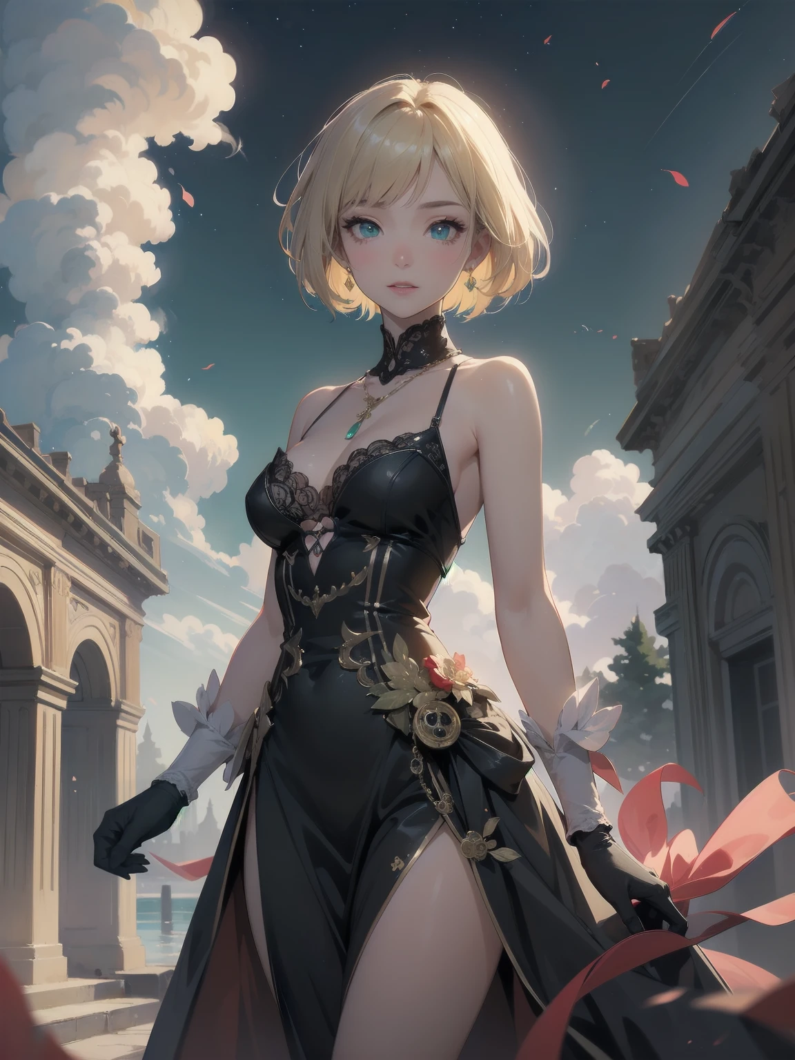 ((highest quality、8K、masterpiece、realistic:1.4、fine-grained、beautiful and detailed)), (gold foil, Intricate paisley pattern, Delicate finish, (Black fabric:1.4), maid dress:1.5), (pixie cut, beautiful hairstyle, platinum blonde hair:1.5)、clear, fine-grained肌、beautiful clear eyes、(cleavage)、Carefree and natural smile、(My hair was messed up by the wind:1.3)、Smiling beautiful girl、(in the garden:1.4)、dazzling sunlight 、(thin waist:1.3)、(Dynamic and provocative pose:1.2)、(buckshot), perfect anatomy, perfect anatomy, symmetrical costume, medium breasts:1.3