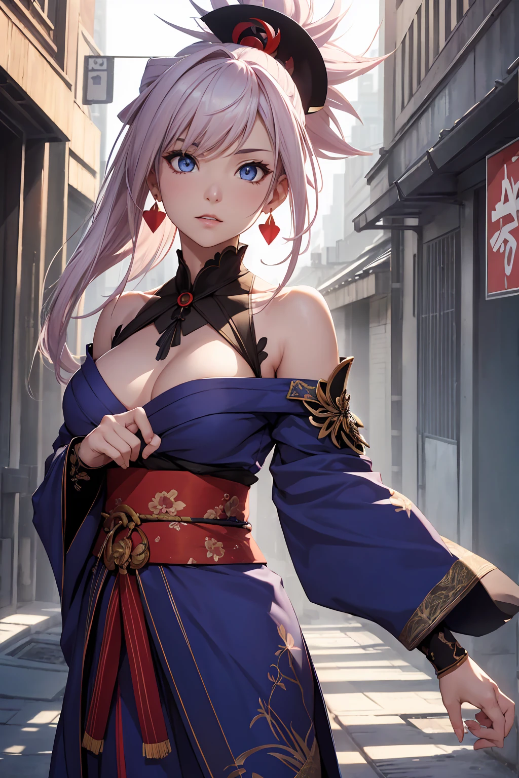 NSFW　(Highest quality:1.5, High resolution, uhd, 4K, Detailed lighting, Shaders)miyamoto musashi asymmetrical hair, blue eyes, Earrings, hair ornaments, Pink Hair, ponytail, Side Lock, break bare shoulders, blue kimono, Removable sleeves, elbow sleeve, kimono, kimono, heart, sash, No sleeve, No sleeve kimono, break outdoors, city, break looking at viewer, break (masterpiece:1.2), Highest quality, High resolution, unity 8k wallpaper, (figure:0.8), (Beautiful fine details:1.6), Highly detailed face, Perfect lighting, Highly detailed CG, (Perfect hands, Perfect Anatomy),