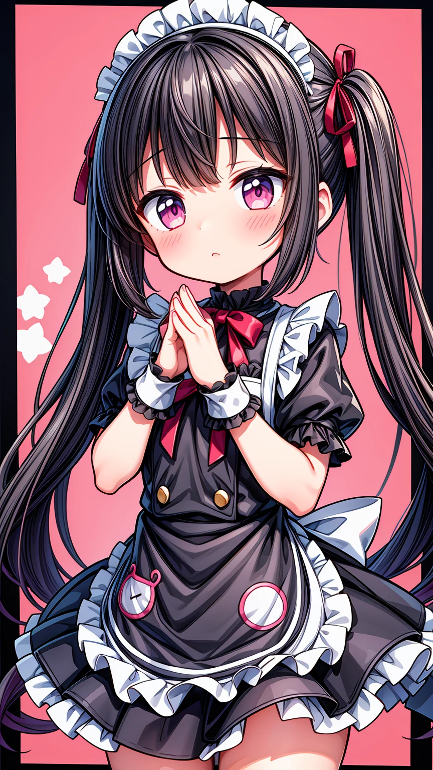 (8K, Highest image quality, highest quality, masterpiece), detailed face, ((loli)), ((girl)), (little curve), black hair, short twintails, pink eyes, ((very small bust)), (flat bust), (naked apron), cowboy shot, put your hand on your mouth, kitchen background, ((very blushing)), ((detailed hands and fingers)), viewer perspective from below, (blush)