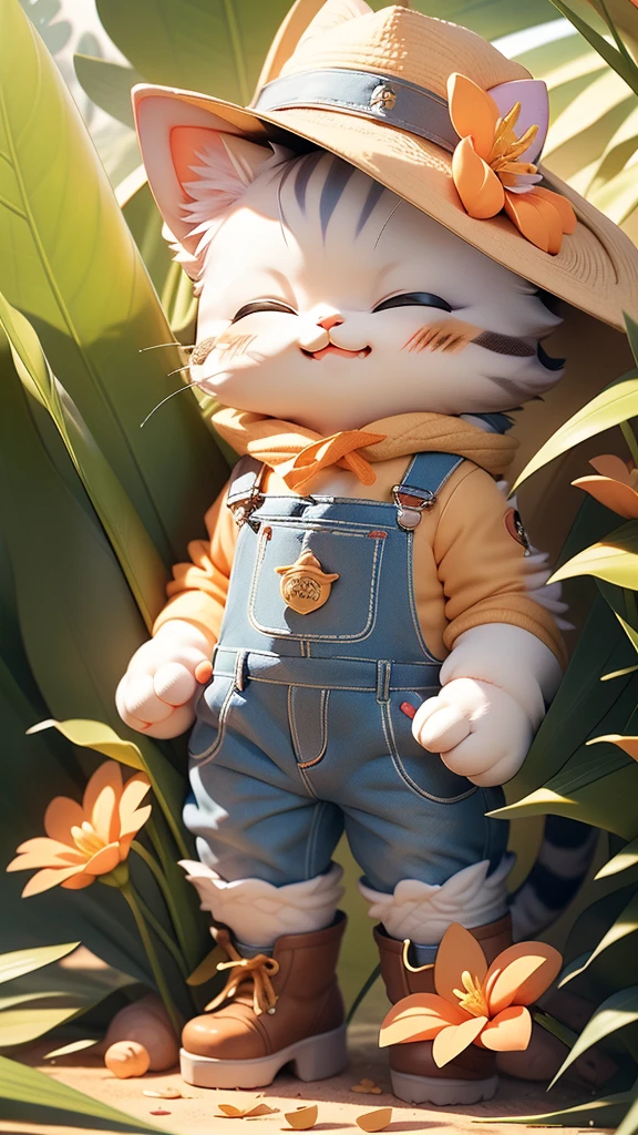 The image features the three-dimensional figure of an anthropomorphic cat wearing a hat with a flower, violet overalls and boots. The character has a satisfied expression with his eyes closed and his mouth open in a smile. It is positioned against a neutral background that does not distract from the subject.