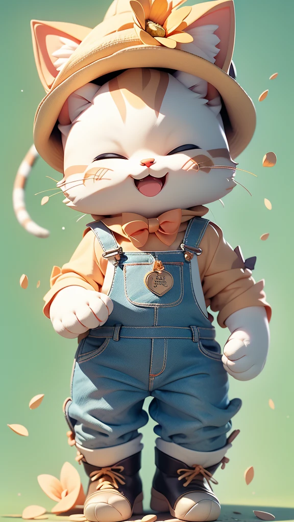 The image features the three-dimensional figure of an anthropomorphic cat wearing a hat with a flower, violet overalls and boots. The character has a satisfied expression with his eyes closed and his mouth open in a smile. It is positioned against a neutral background that does not distract from the subject.