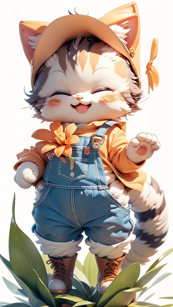 The image features the three-dimensional figure of an anthropomorphic cat wearing a hat with a flower, violet overalls and boots. The character has a satisfied expression with his eyes closed and his mouth open in a smile. It is positioned against a neutral background that does not distract from the subject.