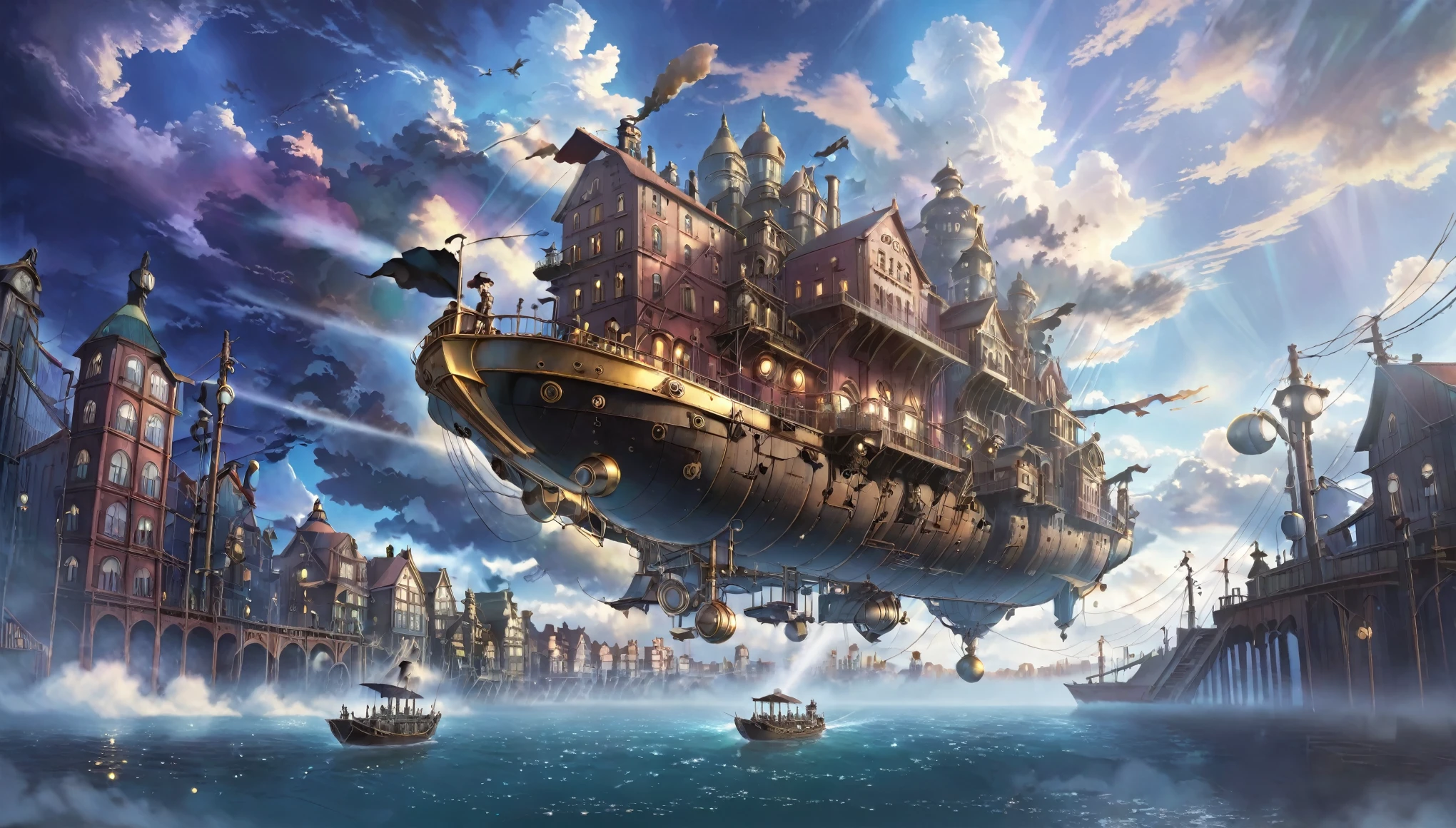 A floating steampunk city, Detailed architecture, mysterious technology, Cinema Lighting, Dramatic clouds, 8K, Very detailed, Complex, beautiful, Miyazaki style, Realistic, masterpiece, Professional, Vibrant colors, Dramatic lighting, Dynamic configuration