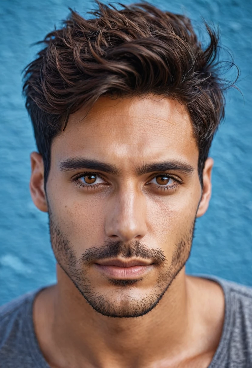 perfect italian man, short hairstyles , brown eyes, focus on character's face, blue wall background