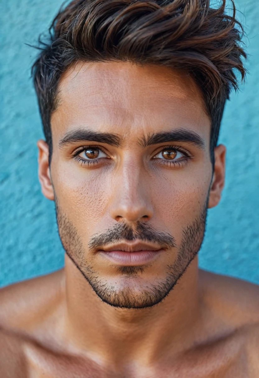 perfect italian man, short hairstyles , brown eyes, focus on character's face, blue wall background
