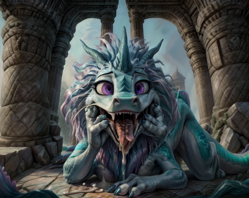 an extremely talented impressionist painting of mature Sisu chinese dragon in a temple, half closed eyes, floating question marks, detailed fur, light blue mane, uploaded on e621, nsfw, questionable content, scalie, soft, tail, squishy, long dragon, masterpiece, best quality, ultra-high-detailed, mouth full of cum, holding cum in mouth, cum filled mouth, cum, focus on face, detailed mouth, mesmerizing mouth, high definition mouth, focus on face, ultra-realistic, open mouth, StretchingMouth, hand in mouth, pulling, saliva, mouth pull