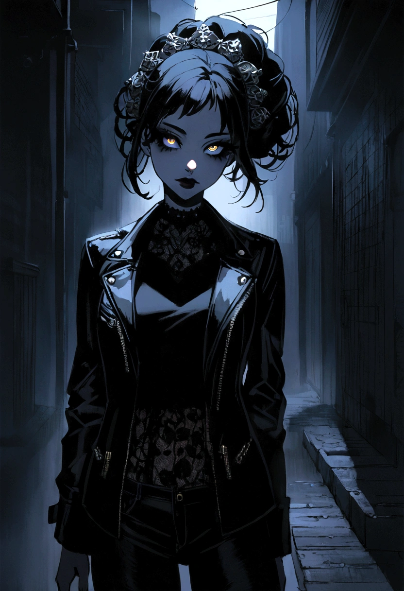 1 goth girl in casual clothes, beautiful detailed eyes, beautiful detailed lips, extremely detailed face and features, long eyelashes, intricate hair ornaments, dark makeup, ripped jeans, black leather jacket, standing in a foggy urban alley, moody lighting, cinematic atmosphere, dark color palette, high contrast, dramatic shadows,dark fantasy,gothic