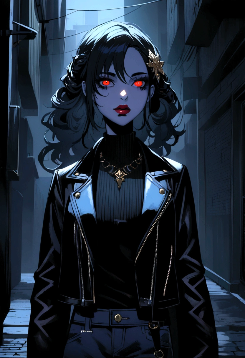 1 goth girl in casual clothes, beautiful detailed eyes, beautiful detailed lips, extremely detailed face and features, long eyelashes, intricate hair ornaments, dark makeup, ripped jeans, black leather jacket, standing in a foggy urban alley, moody lighting, cinematic atmosphere, dark color palette, high contrast, dramatic shadows,dark fantasy,gothic