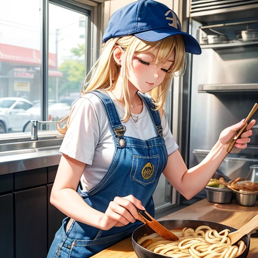 A woman making curry udon in a food truck Eyes closed Overalls Blonde Wearing a cap