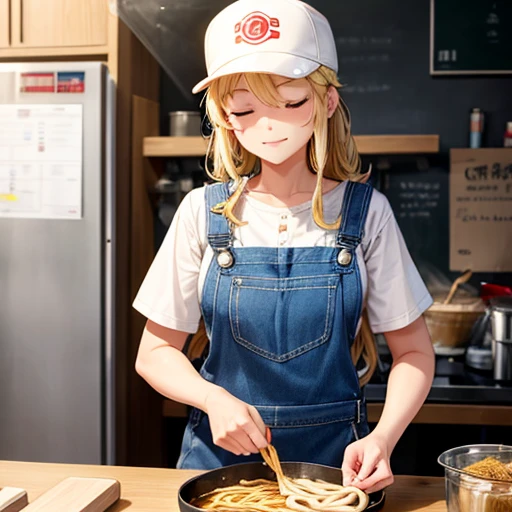 A woman making curry udon in a food truck Eyes closed Overalls Blonde Wearing a cap