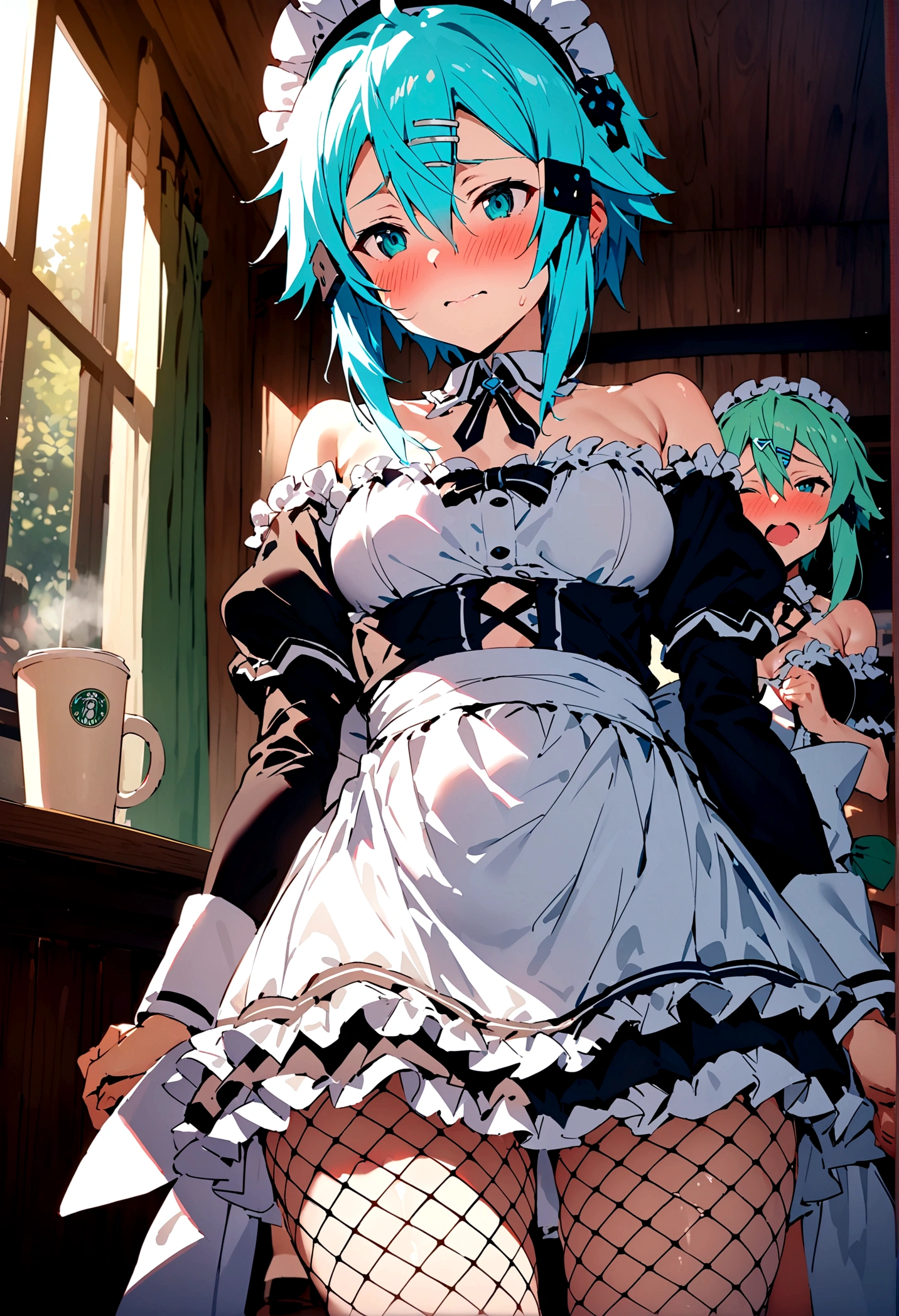 NSFW,masterpiece,Highest quality,High resolution,Super detailed,Sinon\(Sword Art Online\),(Maid clothes),Off the shoulder,cropped,Micro Mini Skirt,Headdress,Fishnet tights, hair ornaments, Hair Clip,Embarrassed,expectant face,Estrus,sexual excitement,blush,Coffee shop,old-fashioned room