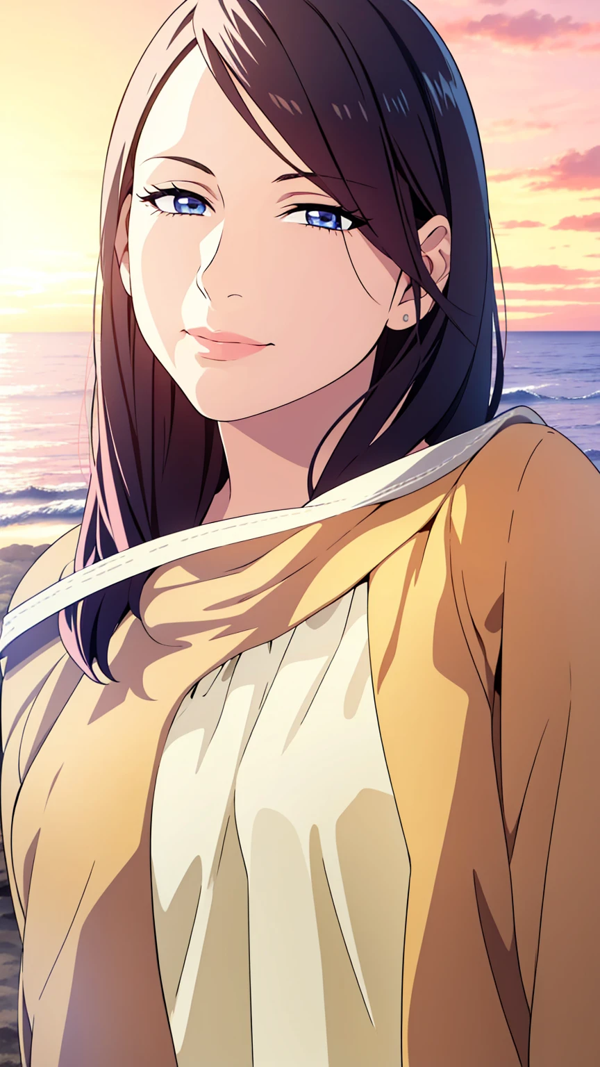 1girl with long black hair, detailed realistic face, beautiful detailed eyes, beautiful detailed lips, extremely detailed face, long eyelashes, woman standing on the beach, ocean waves, golden sunset sky, soft sand, tropical plants, photorealistic, 8k, high resolution, intricate details, cinematic lighting, vibrant colors, dramatic lighting, volumetric lighting, realistic skin textures, realistic clothing textures, hyper detailed, masterpiece