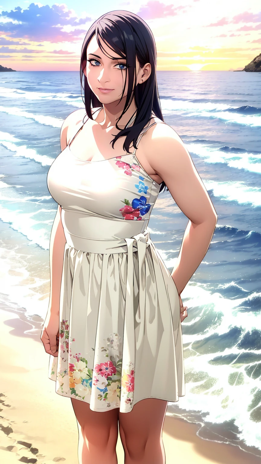 1girl with long black hair, detailed realistic face, beautiful detailed eyes, beautiful detailed lips, extremely detailed face, long eyelashes, woman standing on the beach, ocean waves, golden sunset sky, soft sand, tropical plants, photorealistic, 8k, high resolution, intricate details, cinematic lighting, vibrant colors, dramatic lighting, volumetric lighting, realistic skin textures, realistic clothing textures, hyper detailed, masterpiece