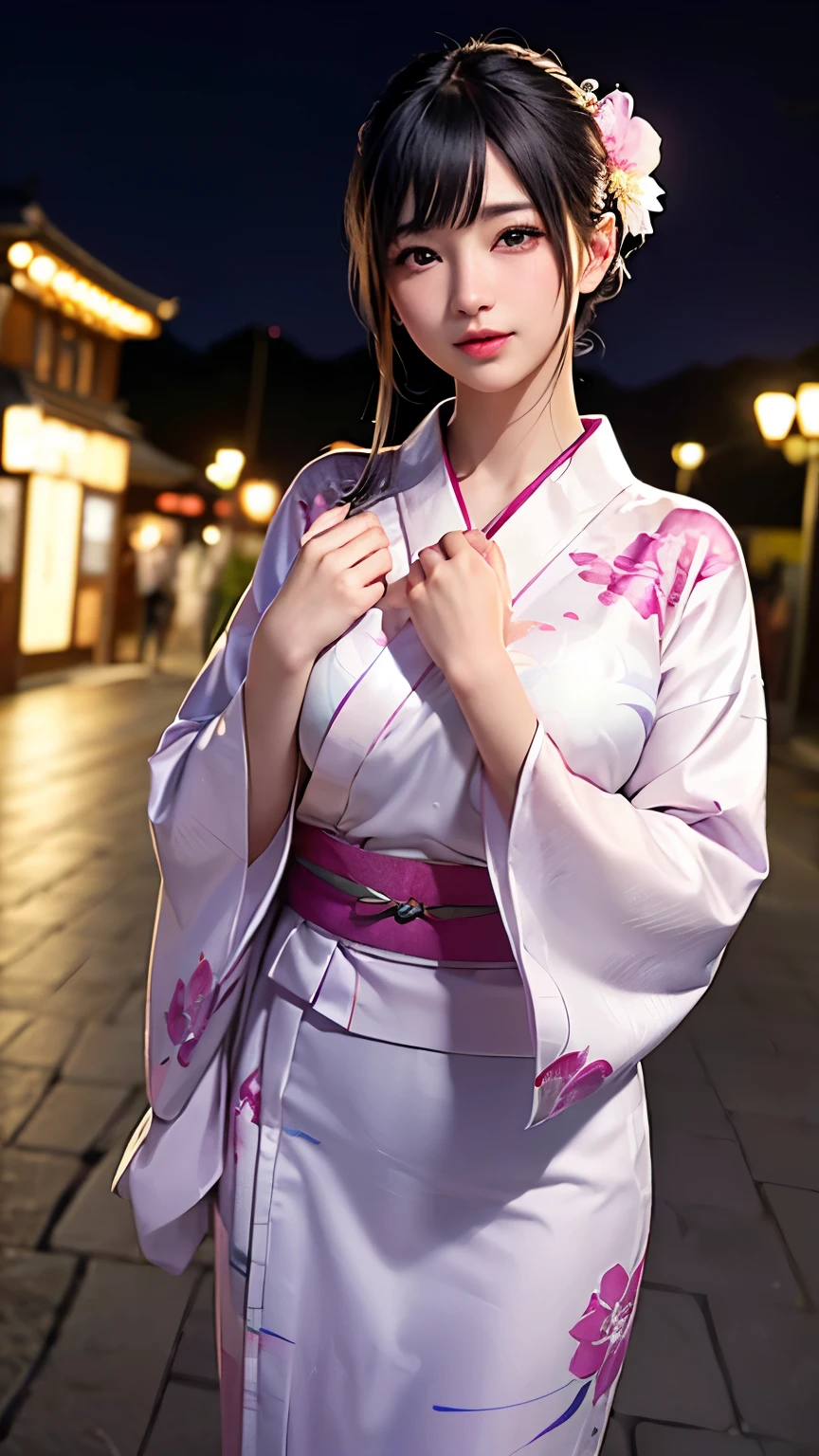 (logo、masterpiece、8K、Tabletop、RAW Photos、wonderful、最high quality、フォトリアリスティックでVery detailedな CG 複合 8K 壁紙、high quality、Very detailed、Narrative poem、Particle Effects、Dynamic Effects、Depth of the Boundary、Cinematic Light、Lens flare、Ray Tracing）、 (One beautiful woman wearing a yukata、White yukata、Light purple pattern)、Black-haired、High definition skin、Very fine、Fine skin texture、Beautiful Face、True Face、Beautiful details in the eyes、Realistic eyes、Beautifully detailed eyes、Realistic Skin、Beautiful Skin、Surreal、Smiling Eyes、Hair and light eyes、vivid、Colorful lights and bokeh、plump lower lip、Pink Lips、Hair flutters in Wind、Hair bounces、wonderful景色、night、evening、Wind、moonlight、moonlight、light