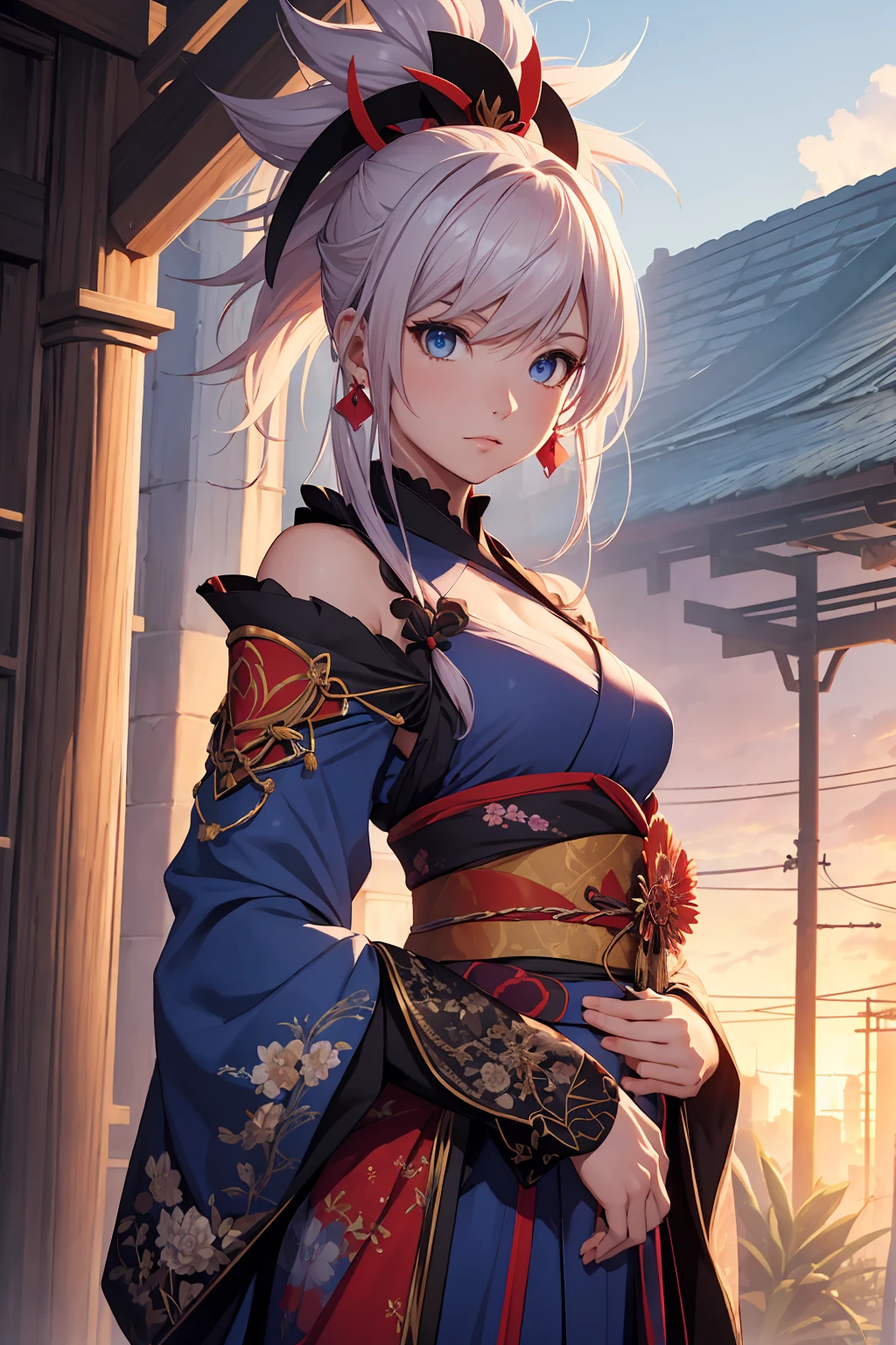 NSFW　(Highest quality:1.5, High resolution, uhd, 4K, Detailed lighting, Shaders)miyamoto musashi asymmetrical hair, blue eyes, Earrings, hair ornaments, Pink Hair, ponytail, Side Lock, break bare shoulders, blue kimono, Removable sleeves, elbow sleeve, kimono, kimono, heart, sash, No sleeve, No sleeve kimono, break outdoors, city, break looking at viewer, break (masterpiece:1.2), Highest quality, High resolution, unity 8k wallpaper, (figure:0.8), (Beautiful fine details:1.6), Highly detailed face, Perfect lighting, Highly detailed CG, (Perfect hands, Perfect Anatomy),