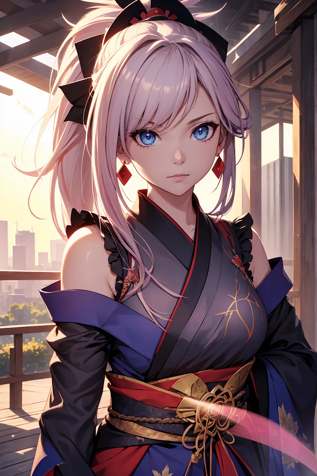 NSFW　(Highest quality:1.5, High resolution, uhd, 4K, Detailed lighting, Shaders)miyamoto musashi asymmetrical hair, blue eyes, Earrings, hair ornaments, Pink Hair, ponytail, Side Lock, break bare shoulders, blue kimono, Removable sleeves, elbow sleeve, kimono, kimono, heart, sash, No sleeve, No sleeve kimono, break outdoors, city, break looking at viewer, break (masterpiece:1.2), Highest quality, High resolution, unity 8k wallpaper, (figure:0.8), (Beautiful fine details:1.6), Highly detailed face, Perfect lighting, Highly detailed CG, (Perfect hands, Perfect Anatomy),