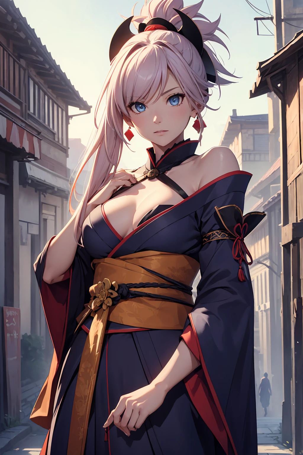 NSFW　(Highest quality:1.5, High resolution, uhd, 4K, Detailed lighting, Shaders)miyamoto musashi asymmetrical hair, blue eyes, Earrings, hair ornaments, Pink Hair, ponytail, Side Lock, break bare shoulders, blue kimono, Removable sleeves, elbow sleeve, kimono, kimono, heart, sash, No sleeve, No sleeve kimono, break outdoors, city, break looking at viewer, break (masterpiece:1.2), Highest quality, High resolution, unity 8k wallpaper, (figure:0.8), (Beautiful fine details:1.6), Highly detailed face, Perfect lighting, Highly detailed CG, (Perfect hands, Perfect Anatomy),