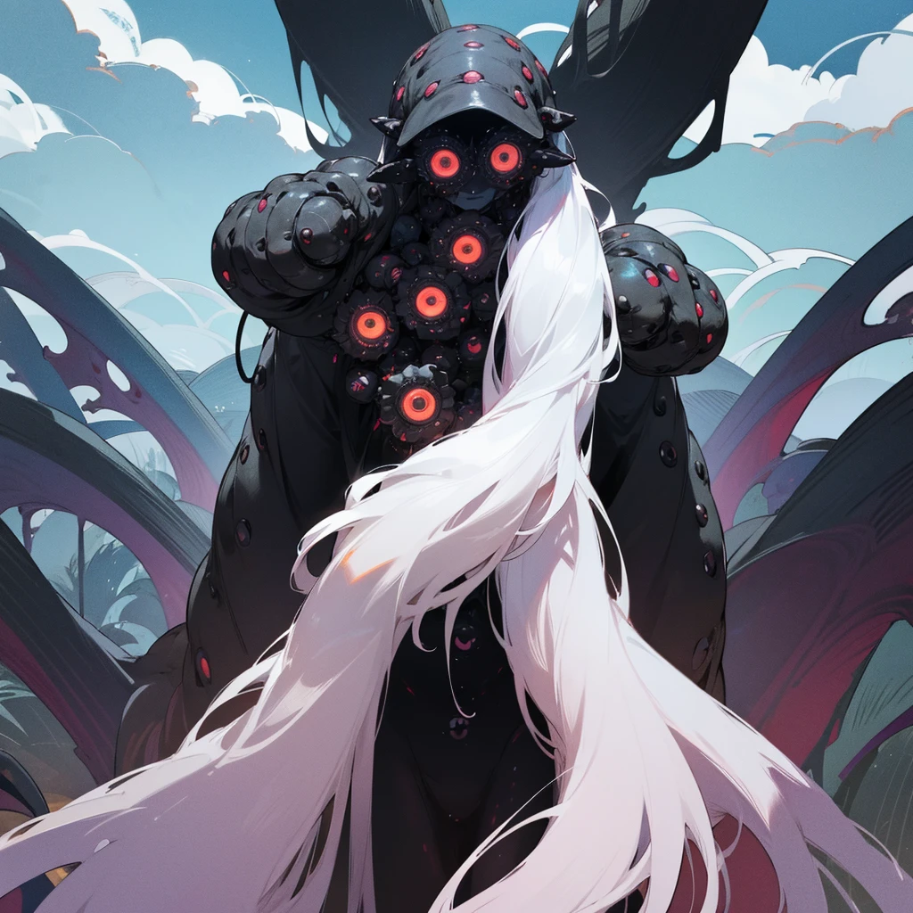 Huge monster, Multiple eyes, black skin, strange patterns, multiple arms with eyes on palms, between clouds, poor souls coming up from the clouds