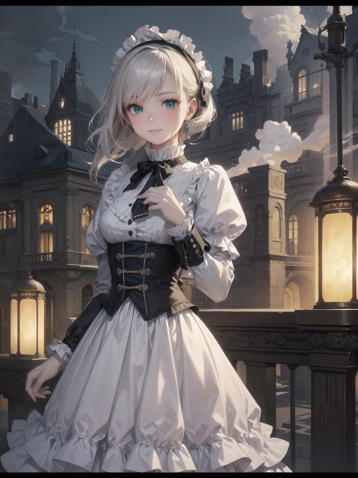 (Highest quality、16K、masterpiece、Ultra-high resolution、Victorian era、Photorealistic:1.2)、A delicate Lolita girl, aged 13, stands on a castle balcony at dusk, surrounded by the city's skyline and steampunk contraptions. Her platinum hair is messy, framing her androgynous charm. She wears a flowing white dress with a light green tie and holds a pocket watch in hand. A subtle smile plays on her lips as she gazes out at the night view, her eyes shining like sapphires. The air is filled with steam spewing from pipes, adding to the surreal atmosphere. Her skin glows with an ultra-dense texture, and her fingers are full and detailed.