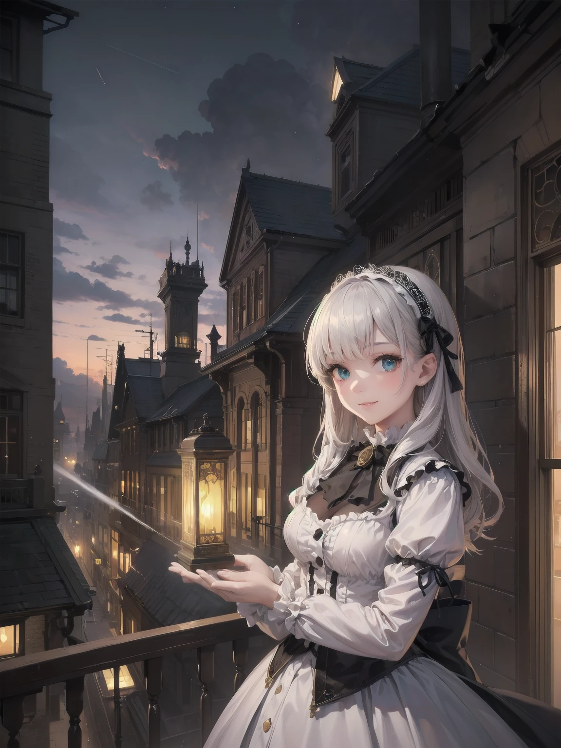 (Highest quality、16K、masterpiece、Ultra-high resolution、Victorian era、Photorealistic:1.2)、A delicate Lolita girl, , stands on a castle balcony at dusk, surrounded by the city's skyline and steampunk contraptions. Her platinum hair is messy, framing her androgynous charm. She wears a flowing white dress with a light green tie and holds a pocket watch in hand. A subtle smile plays on her lips as she gazes out at the night view, her eyes shining like sapphires. The air is filled with steam spewing from pipes, adding to the surreal atmosphere. Her skin glows with an ultra-dense texture, and her fingers are full and detailed.
