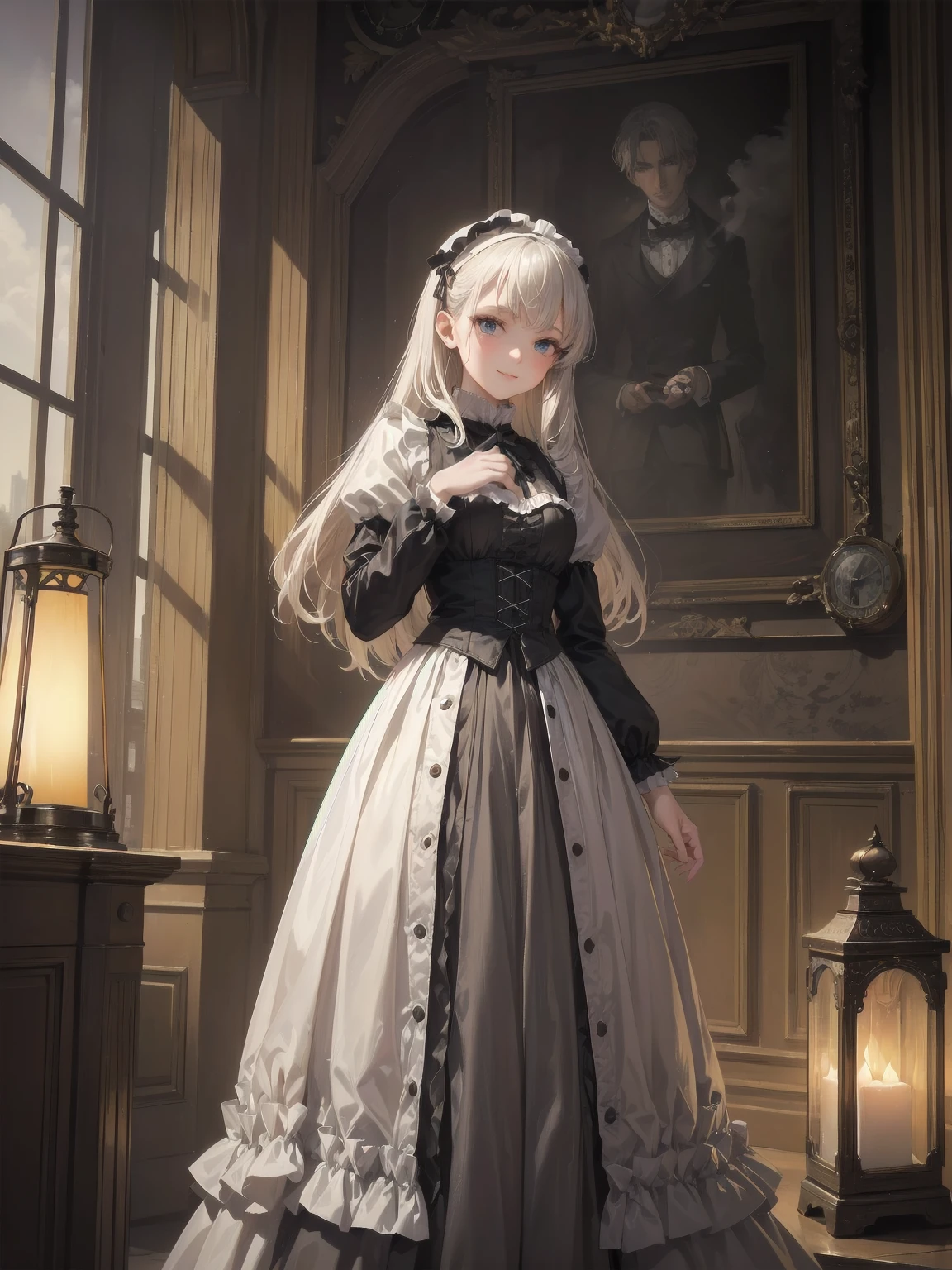 (Highest quality、16K、masterpiece、Ultra-high resolution、Victorian era、Photorealistic:1.2)、A delicate Lolita girl, , stands on a castle balcony at dusk, surrounded by the city's skyline and steampunk contraptions. Her platinum hair is messy, framing her androgynous charm. She wears a flowing white dress with a light green tie and holds a pocket watch in hand. A subtle smile plays on her lips as she gazes out at the night view, her eyes shining like sapphires. The air is filled with steam spewing from pipes, adding to the surreal atmosphere. Her skin glows with an ultra-dense texture, and her fingers are full and detailed.