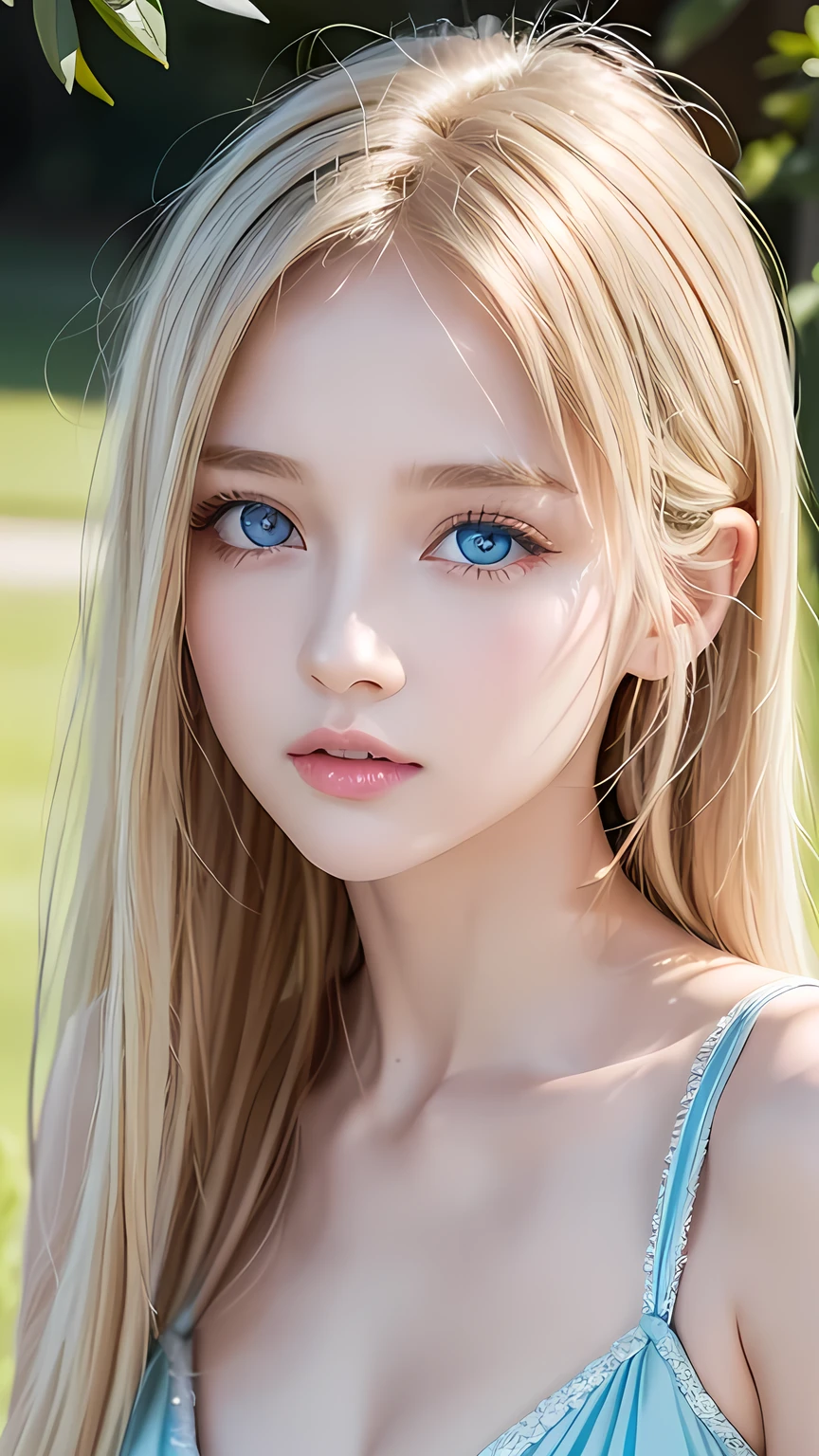Highest quality、masterpiece、Ultra-high resolution、(Photorealistic:1.4)、1 Girl、、The ultimate beautiful girl、Very beautiful shiny light pale blonde hair、Super long straight silky hair、bangs over eyes、片bangs over eyes、Blonde hair between the eyes、Blonde hair hanging in the center of the face、Big, very bright, pale blue eyes that shine beautifully、Very big bright eyes、Eye highlights、shoulder、Charm、Looking at the camera、Very white and bright skin、Small Face Beauty、Round face、A shy, gentle and bright expression、Looking up、Cheek gloss highlighter