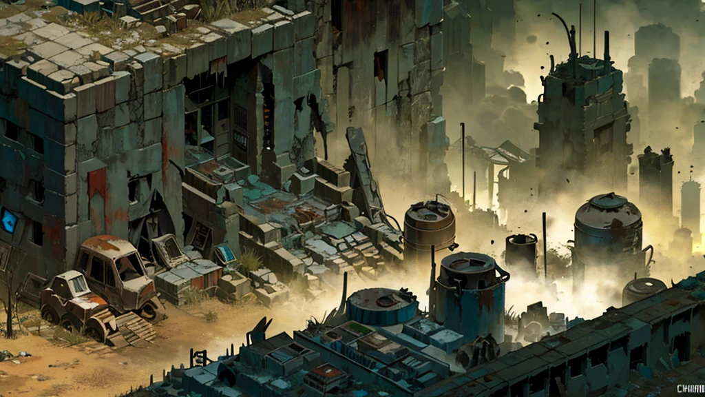 a desolate abandoned cosmodrome, crumbling concrete structures, rusted metal, overgrown vegetation, atmospheric lighting, moody tones, cinematic composition, dramatic shadows, abandoned vehicles, decaying remnants of space exploration, sense of isolation and decay, highly detailed, photorealistic, 8k, masterpiece, isometric