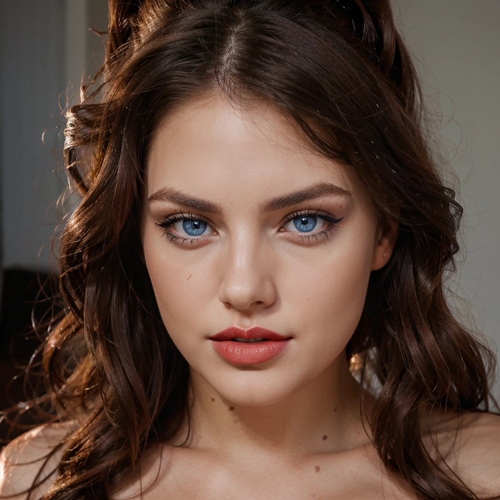 face of sexy girl with blue eyes, big red lips, model, influncer