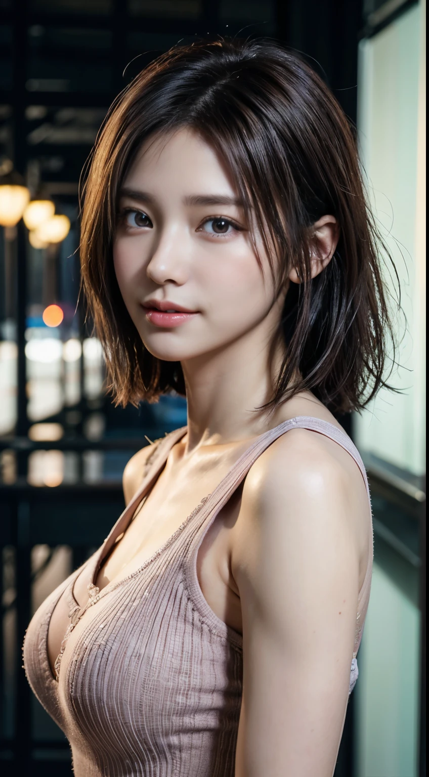 (logo, masterpiece, 8K, Tabletop, RAW Photos, wonderful, 最high quality, Photorealistic and very detailed CG composite 8k wallpaper, high quality, Very detailed, Narrative poem, Particle Effects, Dynamic Effects, Depth of the Boundary, Cinematic Light, Lens flare, Ray Tracing), short hair beautiful young woman, Hair tied back, high detail skin, very fine, fine skin texture, beautiful face, realistic eyes, beautifully detailed eyes, realistic skin, beautiful skin, surreal, smiling eyes, Hair and light eyes, Vibrant, Colorful lights and bokeh. The lighting casts a warm glow on her face and hair, Blue glow, Water surface reflection, Creates a dreamy and magical atmosphere, Big Breasts, Brown Hair, short hair, plump lower lip, pink blush on the cheeks , pink lips, brown tight no-shoulder knit sweater