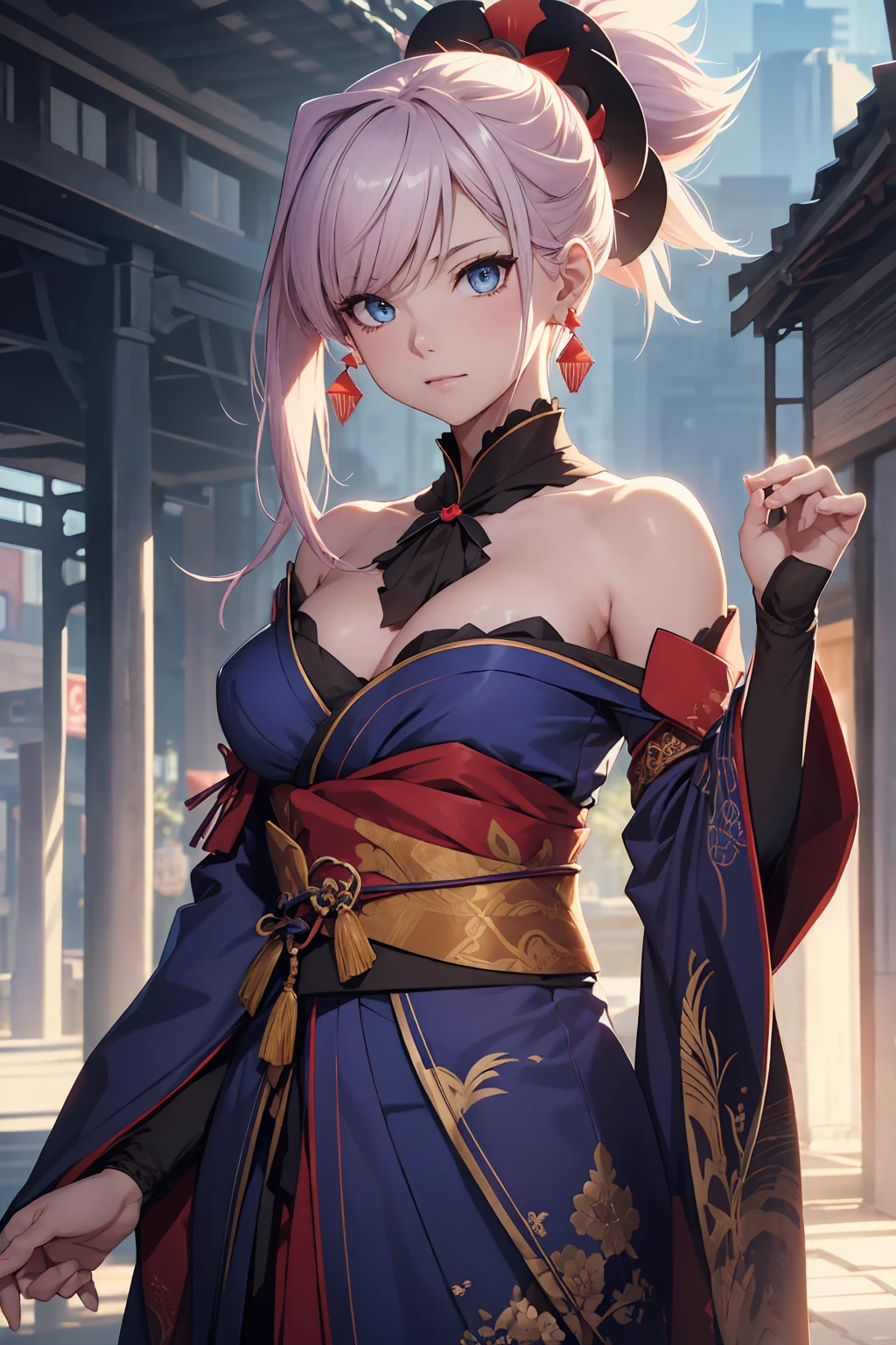 NSFW　(Highest quality:1.5, High resolution, uhd, 4K, Detailed lighting, Shaders)miyamoto musashi asymmetrical hair, blue eyes, Earrings, hair ornaments, Pink Hair, ponytail, Side Lock, break bare shoulders, blue kimono, Removable sleeves, elbow sleeve, kimono, kimono, heart, sash, No sleeve, No sleeve kimono, break outdoors, city, break looking at viewer, break (masterpiece:1.2), Highest quality, High resolution, unity 8k wallpaper, (figure:0.8), (Beautiful fine details:1.6), Highly detailed face, Perfect lighting, Highly detailed CG, (Perfect hands, Perfect Anatomy),