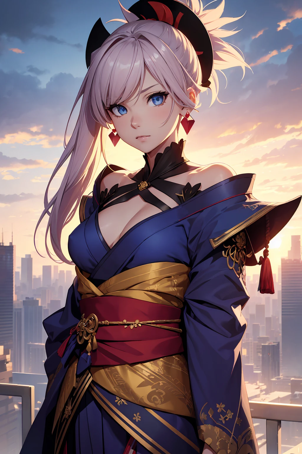 NSFW　(Highest quality:1.5, High resolution, uhd, 4K, Detailed lighting, Shaders)miyamoto musashi asymmetrical hair, blue eyes, Earrings, hair ornaments, Pink Hair, ponytail, Side Lock, break bare shoulders, blue kimono, Removable sleeves, elbow sleeve, kimono, kimono, heart, sash, No sleeve, No sleeve kimono, break outdoors, city, break looking at viewer, break (masterpiece:1.2), Highest quality, High resolution, unity 8k wallpaper, (figure:0.8), (Beautiful fine details:1.6), Highly detailed face, Perfect lighting, Highly detailed CG, (Perfect hands, Perfect Anatomy),