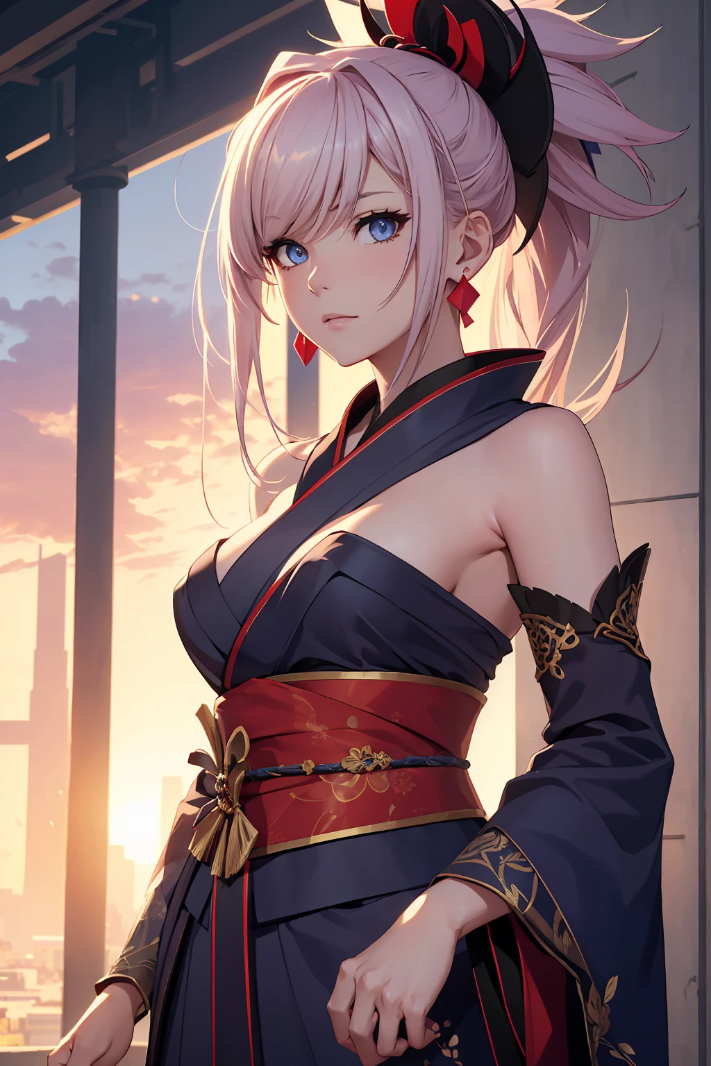 NSFW　(Highest quality:1.5, High resolution, uhd, 4K, Detailed lighting, Shaders)miyamoto musashi asymmetrical hair, blue eyes, Earrings, hair ornaments, Pink Hair, ponytail, Side Lock, break bare shoulders, blue kimono, Removable sleeves, elbow sleeve, kimono, kimono, heart, sash, No sleeve, No sleeve kimono, break outdoors, city, break looking at viewer, break (masterpiece:1.2), Highest quality, High resolution, unity 8k wallpaper, (figure:0.8), (Beautiful fine details:1.6), Highly detailed face, Perfect lighting, Highly detailed CG, (Perfect hands, Perfect Anatomy),