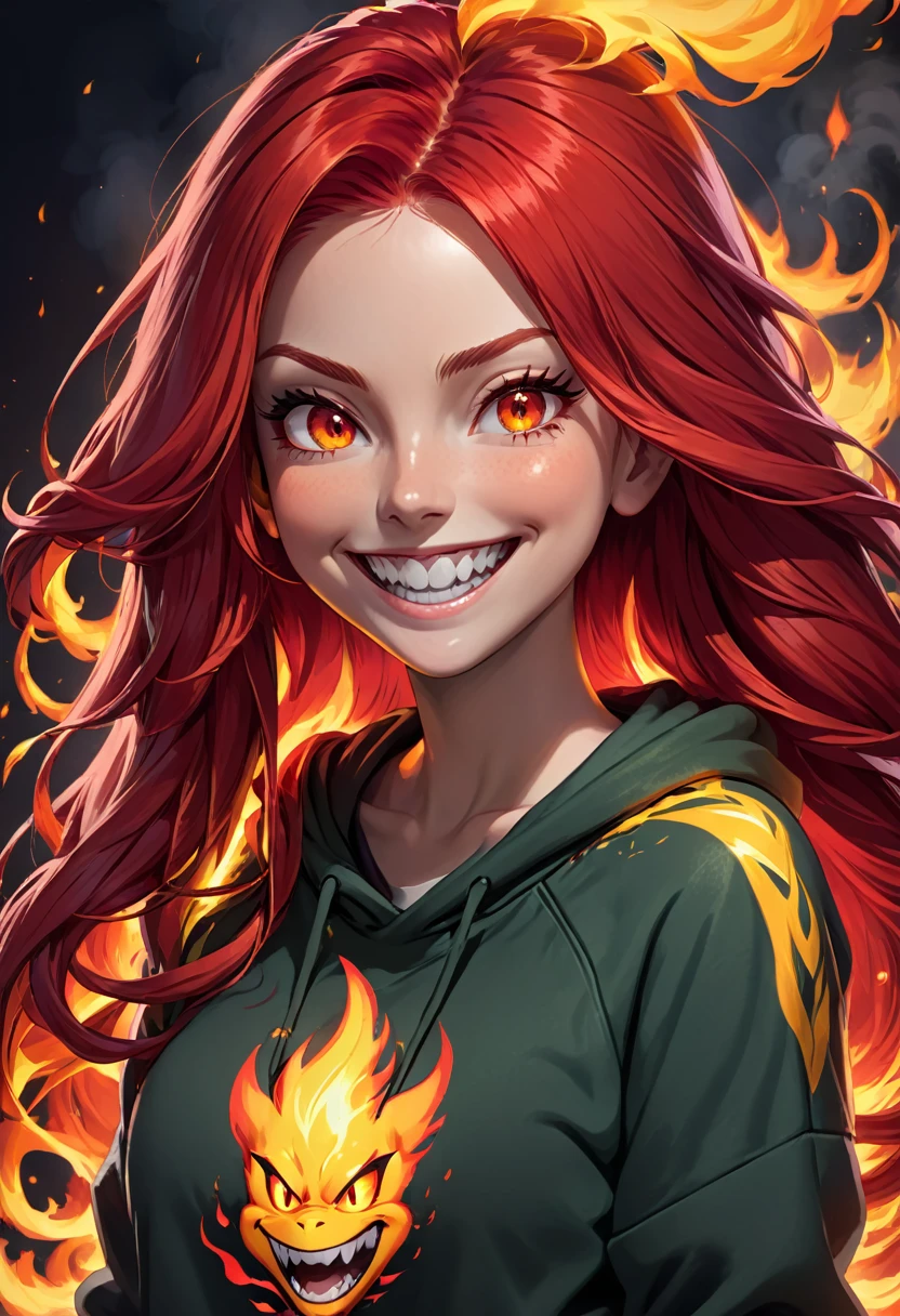 Woman, long and tied red hair, Eyes red, sweatshirt, fire elemental power, smile with sharp teeth