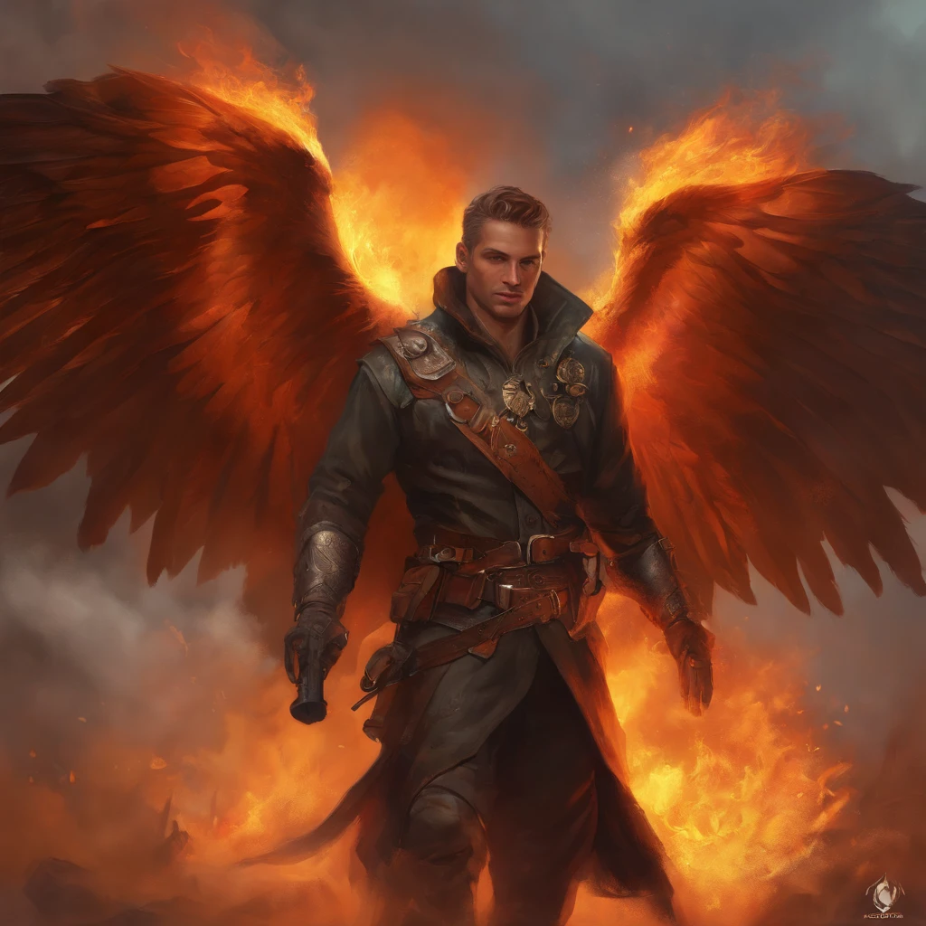 A close-up portrait of a handsome (sks person),post apocalyptic winged firemancer, intricate, elegant, highly detailed, digital painting, artstation, concept art, smooth, sharp focus, illustration, art by Krenz Cushart and Artem Demura and alphonse mucha, ((fire in hands))