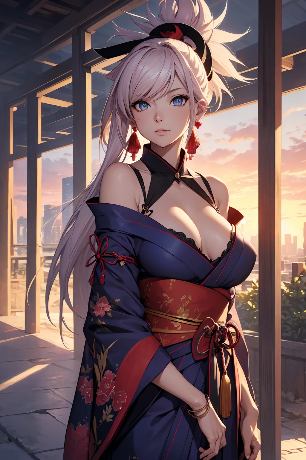 NSFW　(Highest quality:1.5, High resolution, uhd, 4K, Detailed lighting, Shaders)miyamoto musashi asymmetrical hair, blue eyes, Earrings, hair ornaments, Pink Hair, ponytail, Side Lock, break bare shoulders, blue kimono, Removable sleeves, elbow sleeve, kimono, kimono, heart, sash, No sleeve, No sleeve kimono, break outdoors, city, break looking at viewer, break (masterpiece:1.2), Highest quality, High resolution, unity 8k wallpaper, (figure:0.8), (Beautiful fine details:1.6), Highly detailed face, Perfect lighting, Highly detailed CG, (Perfect hands, Perfect Anatomy),