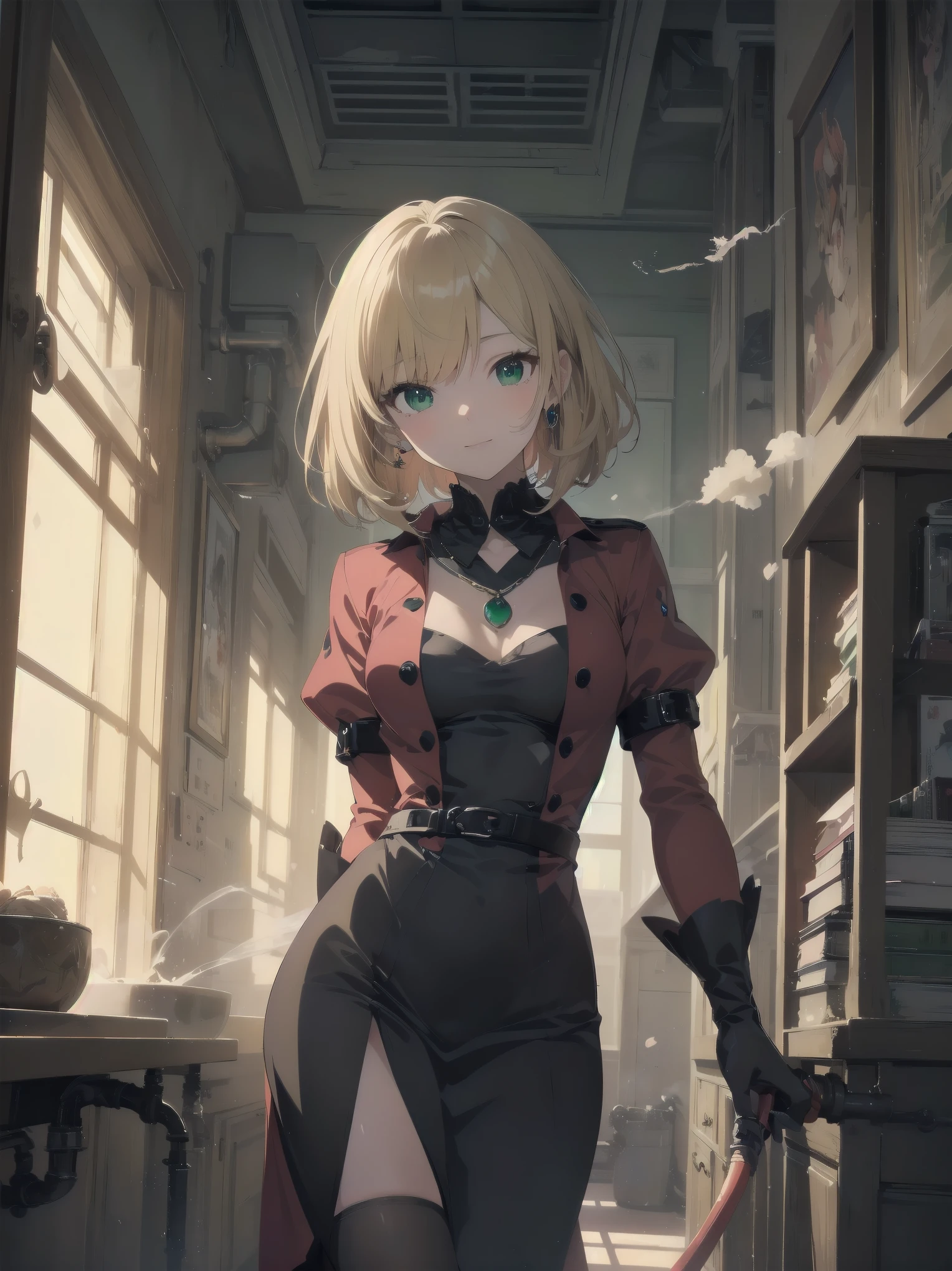 (masterpiece:1.2), (Highest quality:1.2), Ultra-high resolution, Very detailed, break, ((Anime girl standing with happiness in her hands)), Clear Girl, (1 person,ta,boyish, , 6 ye), A light smile, , girl who looks like a boy, Bob cut hair, ((Blonde Hair)), Messy Hair, A super-sized chest overflowing with soft fat masses、Waistline、Slender body, Small Ass, Small green eyes,Fine and beautiful eyes, Well-proportioned iris and pupil, Expressive eyes, Beautiful and detailed lips, High resolution detailed hair, Perfect Eyes, Perfect Face, ultra high density skin, Full Finger, Perfect lighting, break, ((Light green necklace)), ((Black and red luxury dress:1.3)), light green tie, Sparkling Sapphire, Lady, Wear white gloves, break, (steampunk), Castle balcony, Skyscraper, Night view, Equipment, pipe, (Steam spewing out from pipes:1.2), Fantasy, break, ((Positive:1.3)), break, Digital anime art,Anime style illustrations,Anime illustration