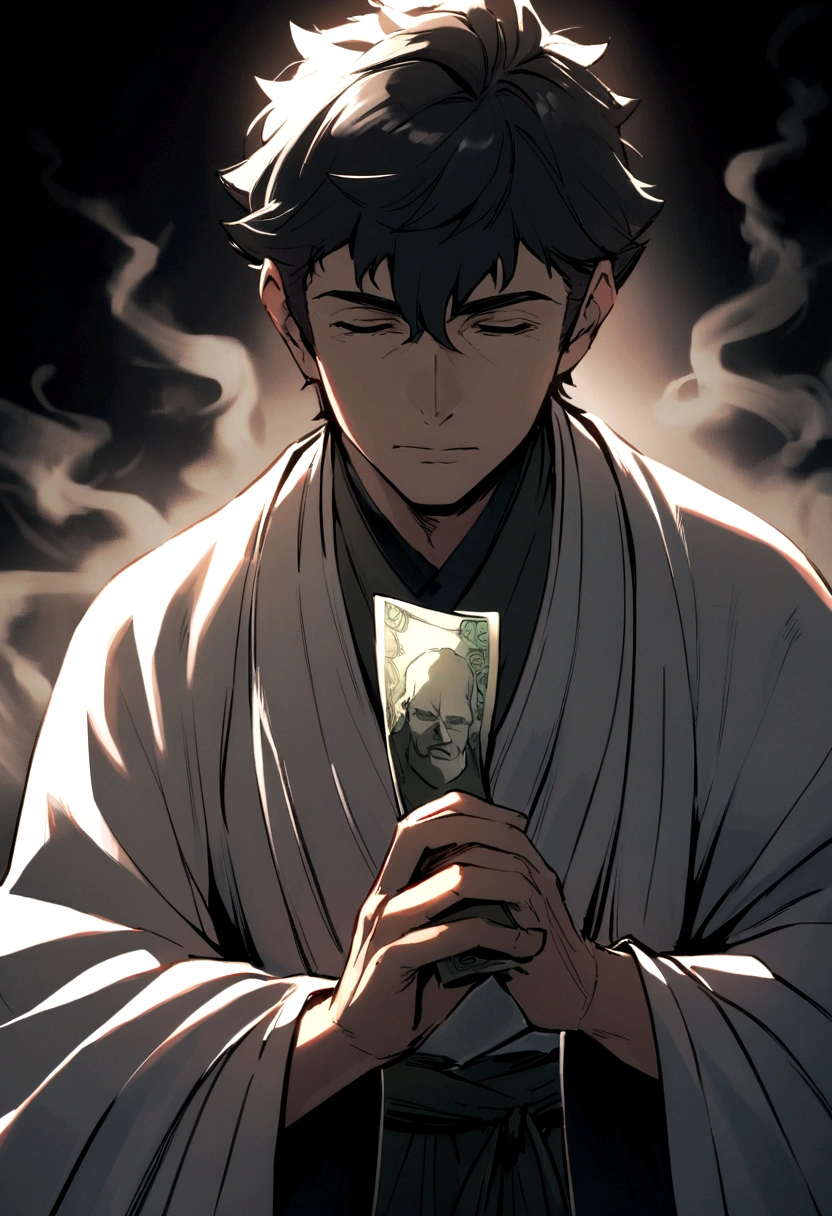 Um homem de 60 anos, with black hair, is dressed in traditional spiritual clothing. He's in a studio, posing in a serene and contemplative manner, holding money in your hands. Soft lighting highlights the tranquility on your face, and the studio background is neutral with smoke in the background, focusing all attention on the calm and dignified presence of the man.