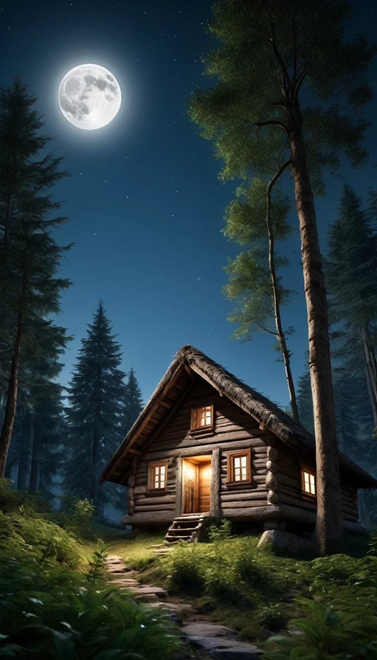 An image of an ancient mountain hut in a forest may at night with full moon, PICTURE REALISTIC, high resolution 8k