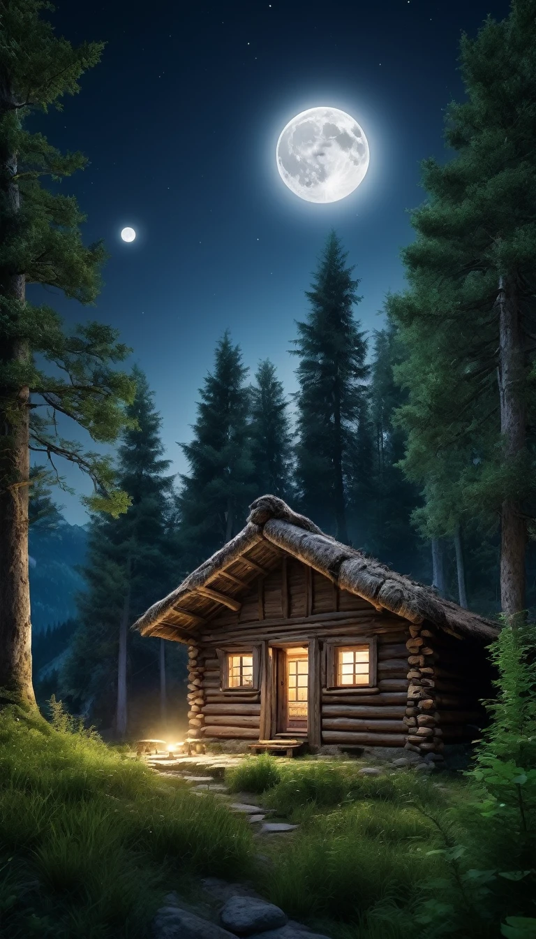 An image of an ancient mountain hut in a forest may at night with full moon, PICTURE REALISTIC, high resolution 8k