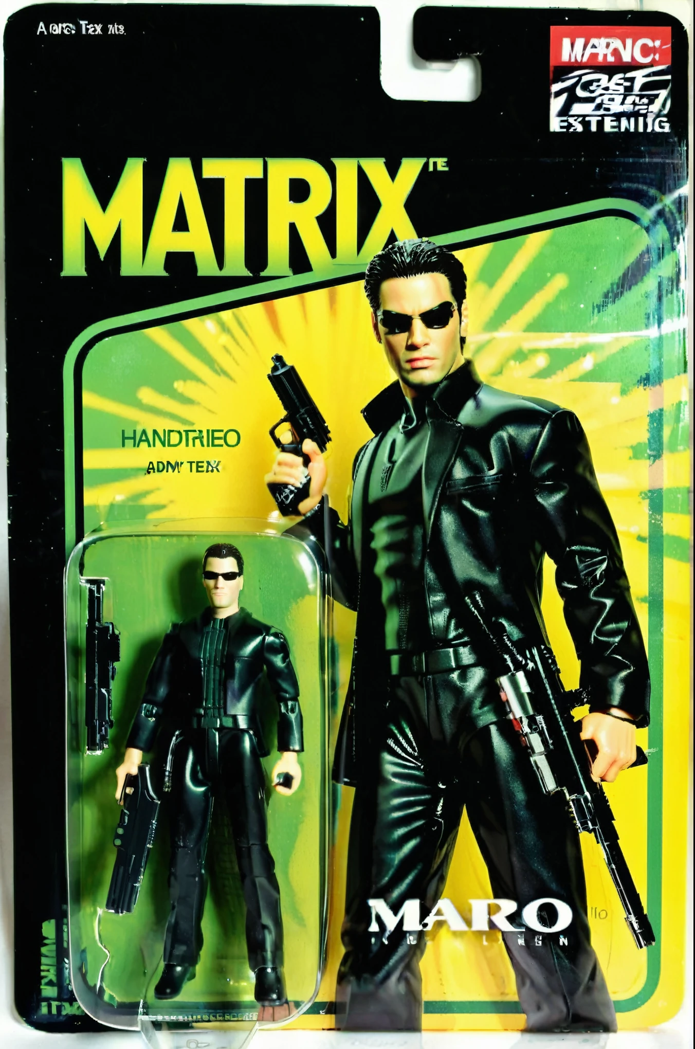 A toy of Neo from the Matrix movie, holding a handgun, wearing black suits and sunglasses, (logo text 'Matrix Neo':1.5), Mattel,