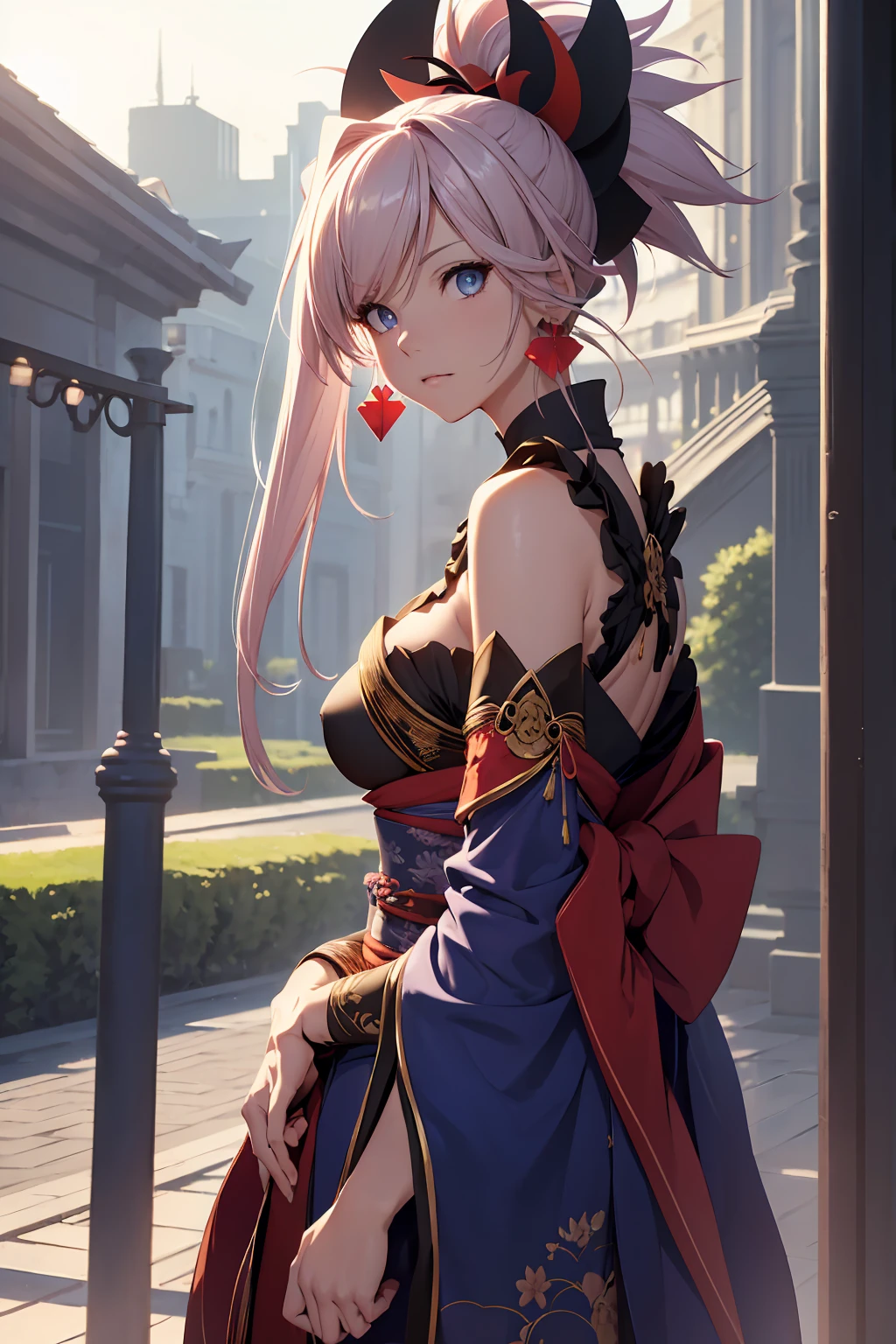 NSFW　(Highest quality:1.5, High resolution, uhd, 4K, Detailed lighting, Shaders)miyamoto musashi asymmetrical hair, blue eyes, Earrings, hair ornaments, Pink Hair, ponytail, Side Lock, break bare shoulders, blue kimono, Removable sleeves, elbow sleeve, kimono, kimono, heart, sash, No sleeve, No sleeve kimono, break outdoors, city, break looking at viewer, break (masterpiece:1.2), Highest quality, High resolution, unity 8k wallpaper, (figure:0.8), (Beautiful fine details:1.6), Highly detailed face, Perfect lighting, Highly detailed CG, (Perfect hands, Perfect Anatomy),