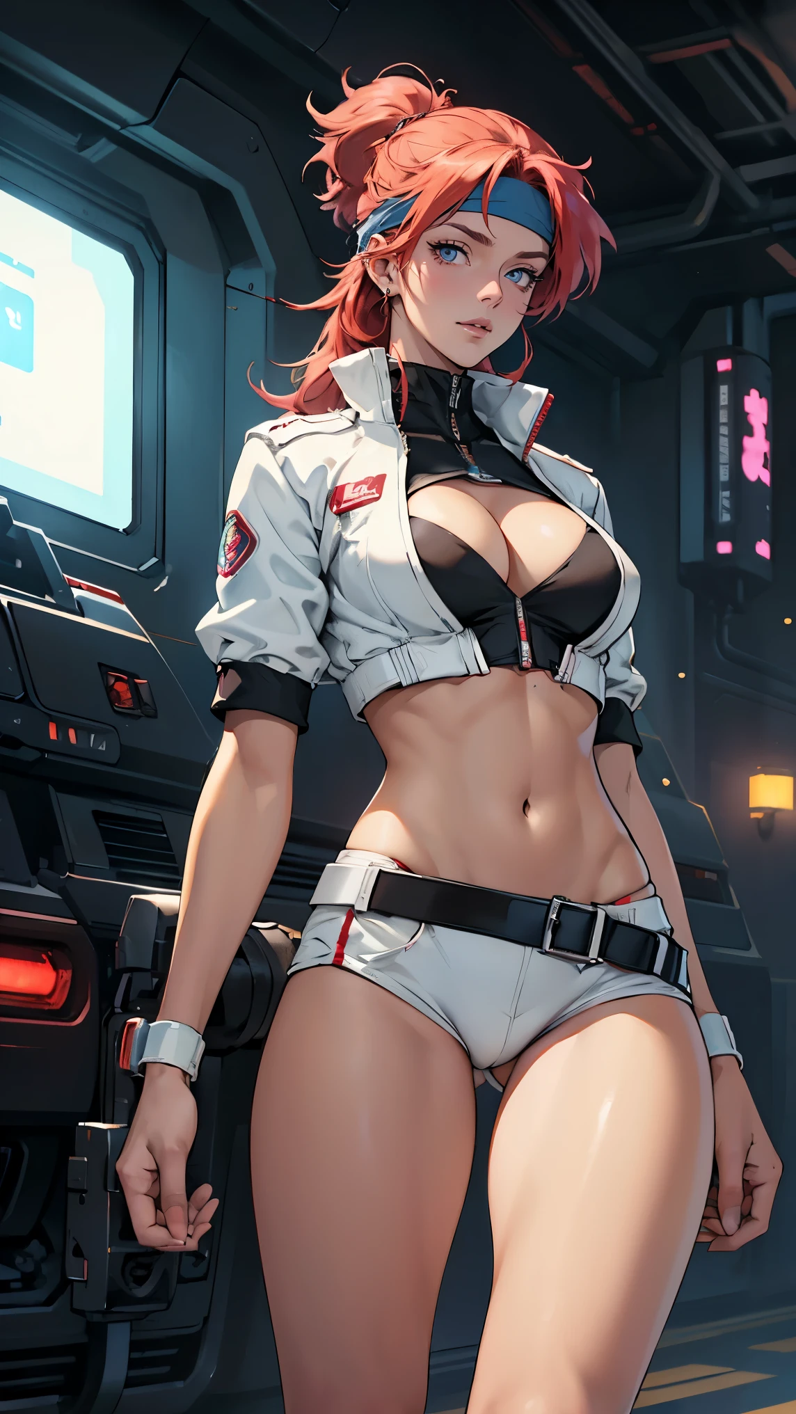 ((Masterpiece, highest quality; 1.3)), super quality, beautiful detail, super detailed, extra fine, 16K, exquisite, absurd, high resolution, beautiful background, detailed background, beautiful eyes, beautiful skin, anime style, Kay from Dirty Pair in a white outfit, tight outfit, cleavage, bushy redhead beauty, very light blue uniform, wearing tight clothes, skimpy, (mid chest: 1.2), cleavage, cleavage, slim waist , thin waist, slim thighs, thin legs, slim legs. thigh gap, showing stomach, skinny, thin hips, cyberpunk city background, holding retro space gun , headband, 