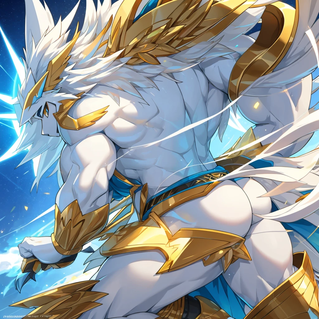 Body and coat: His body is robust and powerful, with mostly white fur. It has several Metal plates that cover its body..., especially on his extremities and head.

head and face: Solgaleo&#39;The head has a Metal structure that resembles a crown or helMet.. In the center of his forehead there is a golden star-shaped symbol...... His eyes are large and deep blue....., with vertical pupils. The mouth shows prominent and sharp fangs...

Me: Her hair is stunning and white with golden tips...... The mane extends outwards and back.., giving you a radiant sunshine appearance. between the mane, You can see soMe light blue strands..

extremities: His legs are strong and muscular..., with sharp claws. The front legs have golden plates that partially cover them..., while the rear ones have blue details.

cola: Solgaleo&#39;The tail is long and robust.., with a golden end that resembles a flash of light.

Metal details: all over your body, especially on his chest and legs, It has Metal plates that reinforce its futuristic warrior appearance..

colors: White colors predominate, gold and light blue in its design, con Metal details que brillan bajo la luz. Explicitly masturbating his gigantic erect cock 