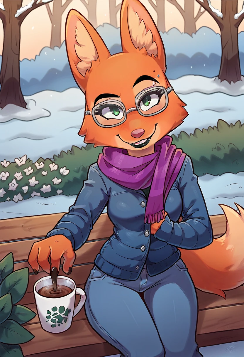 score_9, score_8_up, score_7_up, score_6_up, score_5_up, score_4_up, Diane_Foxington, fox, ginger fur, emerald eyes, black lipstick, sharp black eyebrows, silver piercings on eyebrow, dusty-pink nose, black eyelashes, 4 fingers, winter clothes, scarf, warm smile, happy, looking at the viewer with a curious face, glasses, sitting on a bench in the park, with a cup of coffee