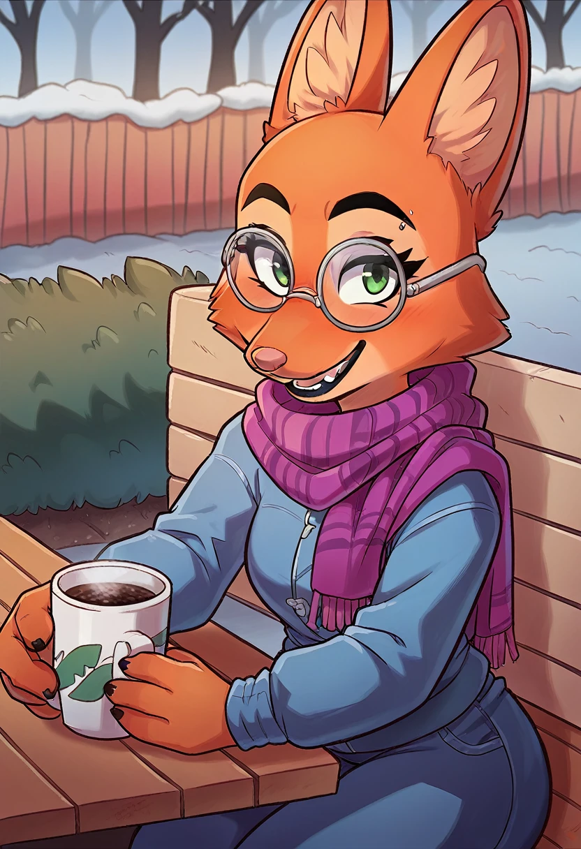 score_9, score_8_up, score_7_up, score_6_up, score_5_up, score_4_up, Diane_Foxington, fox, ginger fur, emerald eyes, black lipstick, sharp black eyebrows, silver piercings on eyebrow, dusty-pink nose, black eyelashes, 4 fingers, winter clothes, scarf, warm smile, happy, looking at the viewer with a curious face, glasses, sitting on a bench in the park, with a cup of coffee